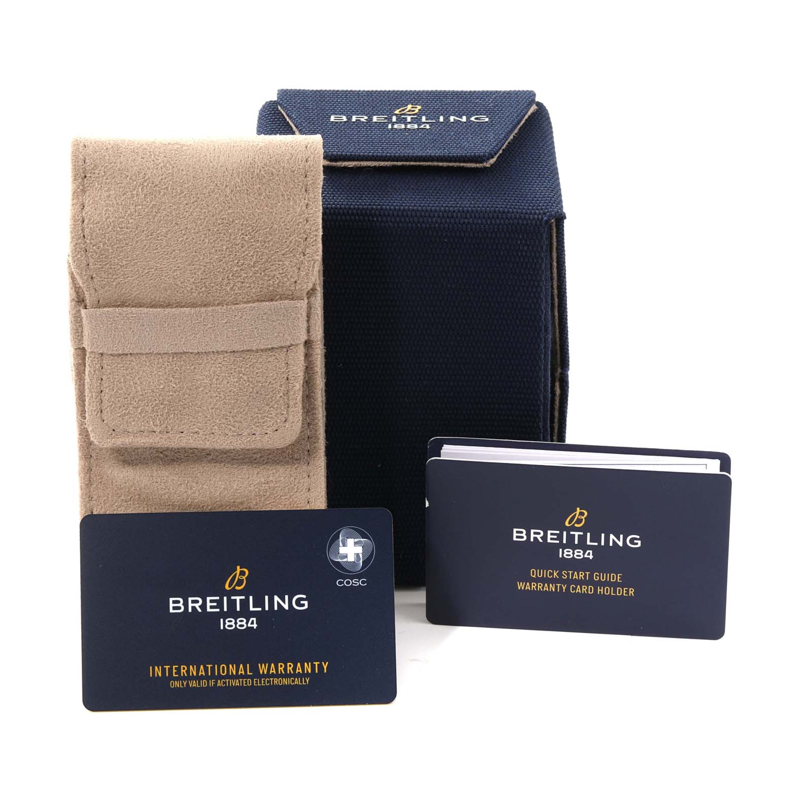 This image shows the Breitling Chronomat PB0134101C1S1 Men's Stainless Steel Blue Dial PB0134101C1S1 Men's Stainless Steel Blue Dial accessories, including a carrying case, warranty card, and quick start guide.