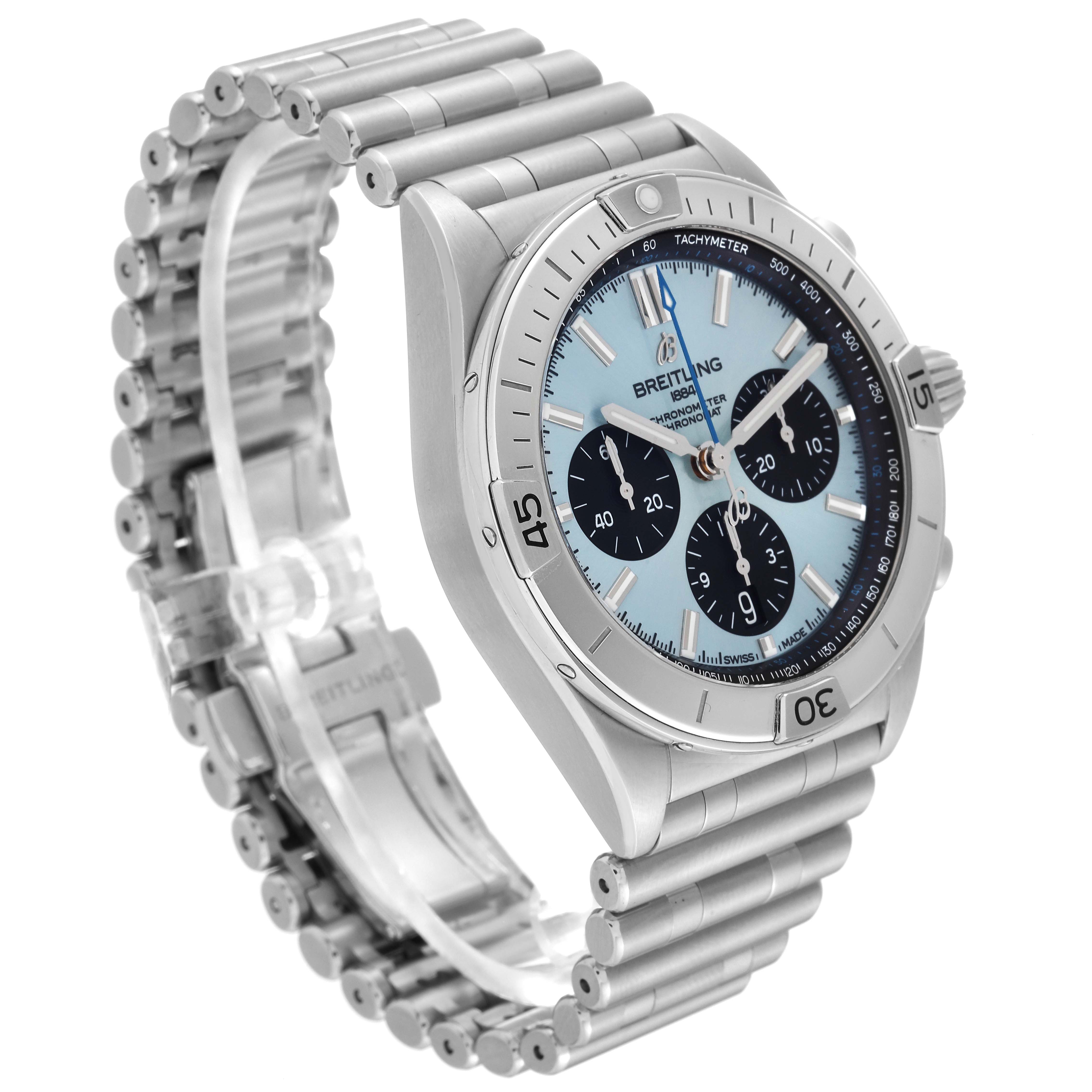 The image shows a Breitling Chronomat PB0134101C1S1 Men's Stainless Steel Blue Dial PB0134101C1S1 Men's Stainless Steel Blue Dial watch from a front-side angle, highlighting its bezel, dial, and bracelet.