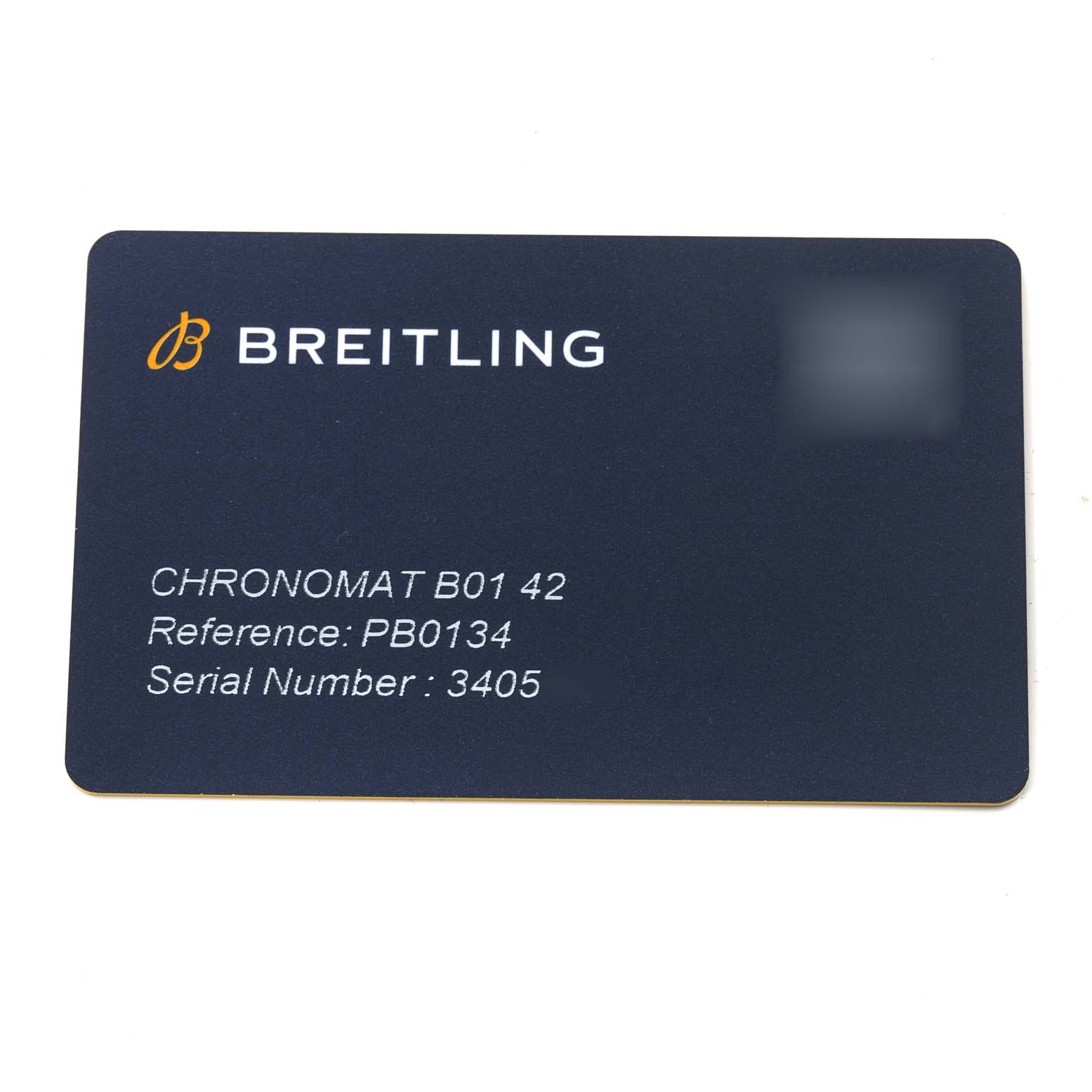 This image shows a warranty card for a Breitling Chronomat PB0134101C1S1 Men's Stainless Steel Blue Dial PB0134101C1S1 Men's Stainless Steel Blue Dial B01 42 watch, displaying its reference and serial number.
