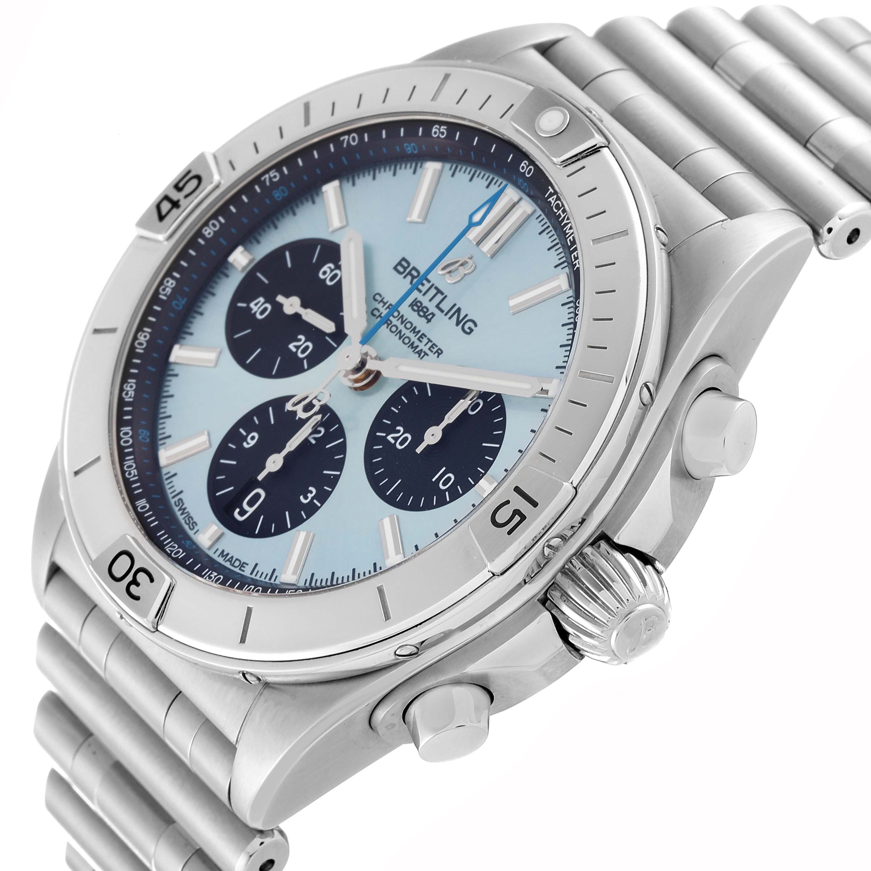 This Breitling Chronomat PB0134101C1S1 Men's Stainless Steel Blue Dial PB0134101C1S1 Men's Stainless Steel Blue Dial watch is viewed from a three-quarter angle, showing its face, bezel, crown, pushers, and bracelet.