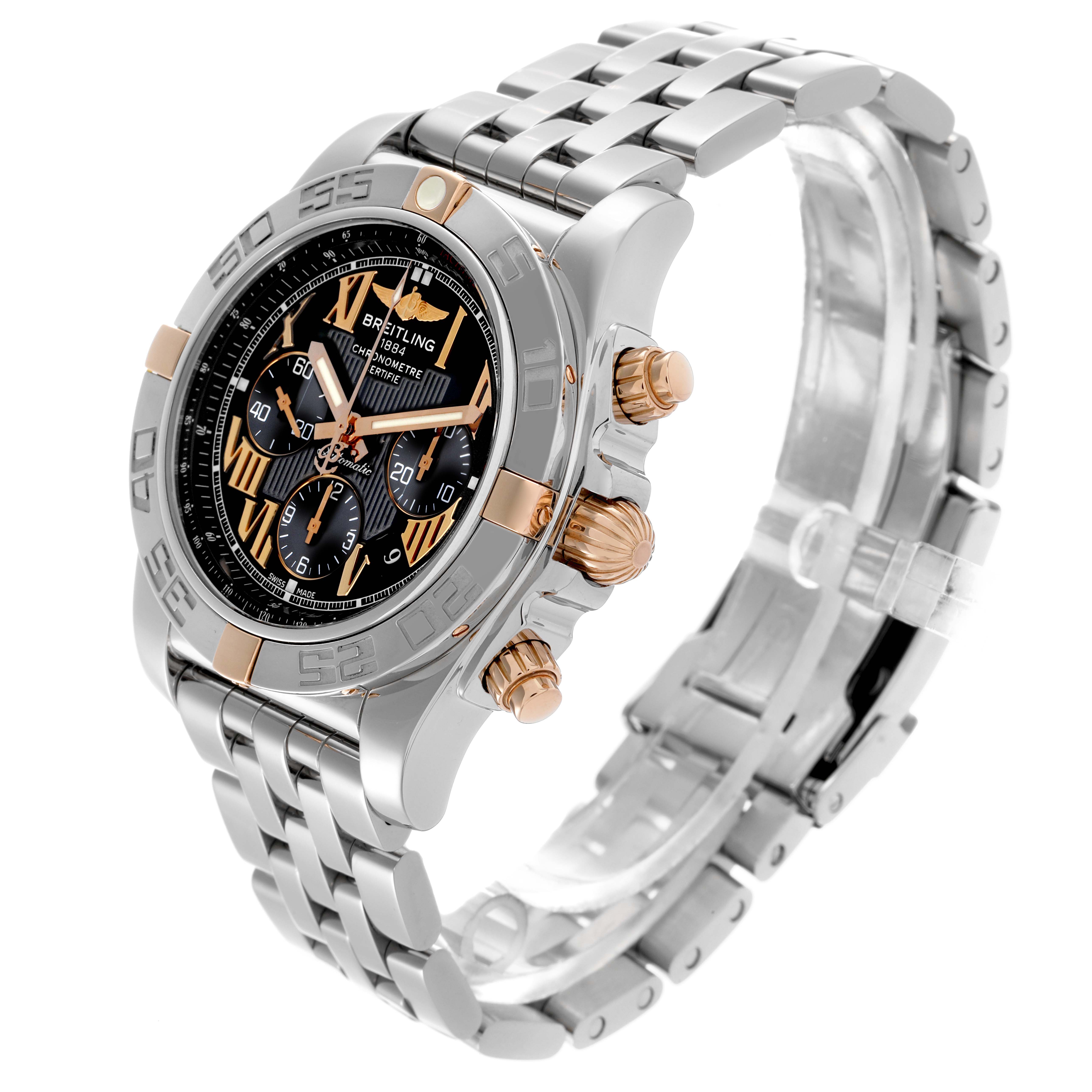 The Breitling Chronomat IB0110 Men's Steel and Gold (two tone) Black Dial IB0110 Men's Steel and Gold (two tone) Black Dial watch is shown at a three-quarter angle, displaying the face, bezel, crown, pushers, and bracelet.
