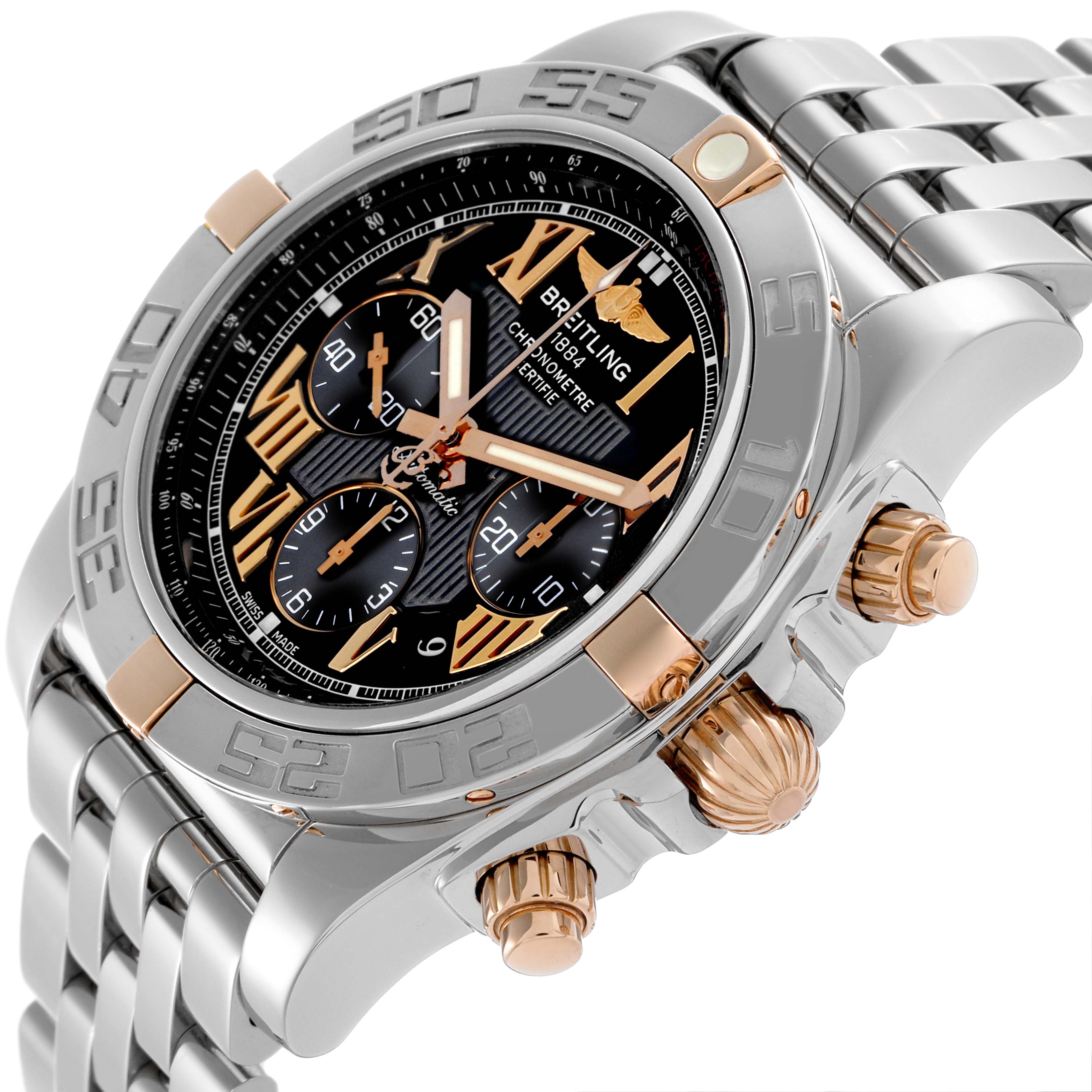 The Breitling Chronomat IB0110 Men's Steel and Gold (two tone) Black Dial IB0110 Men's Steel and Gold (two tone) Black Dial watch is shown at an angled view, highlighting the bezel, dial, crown, pushers, and bracelet clasp.