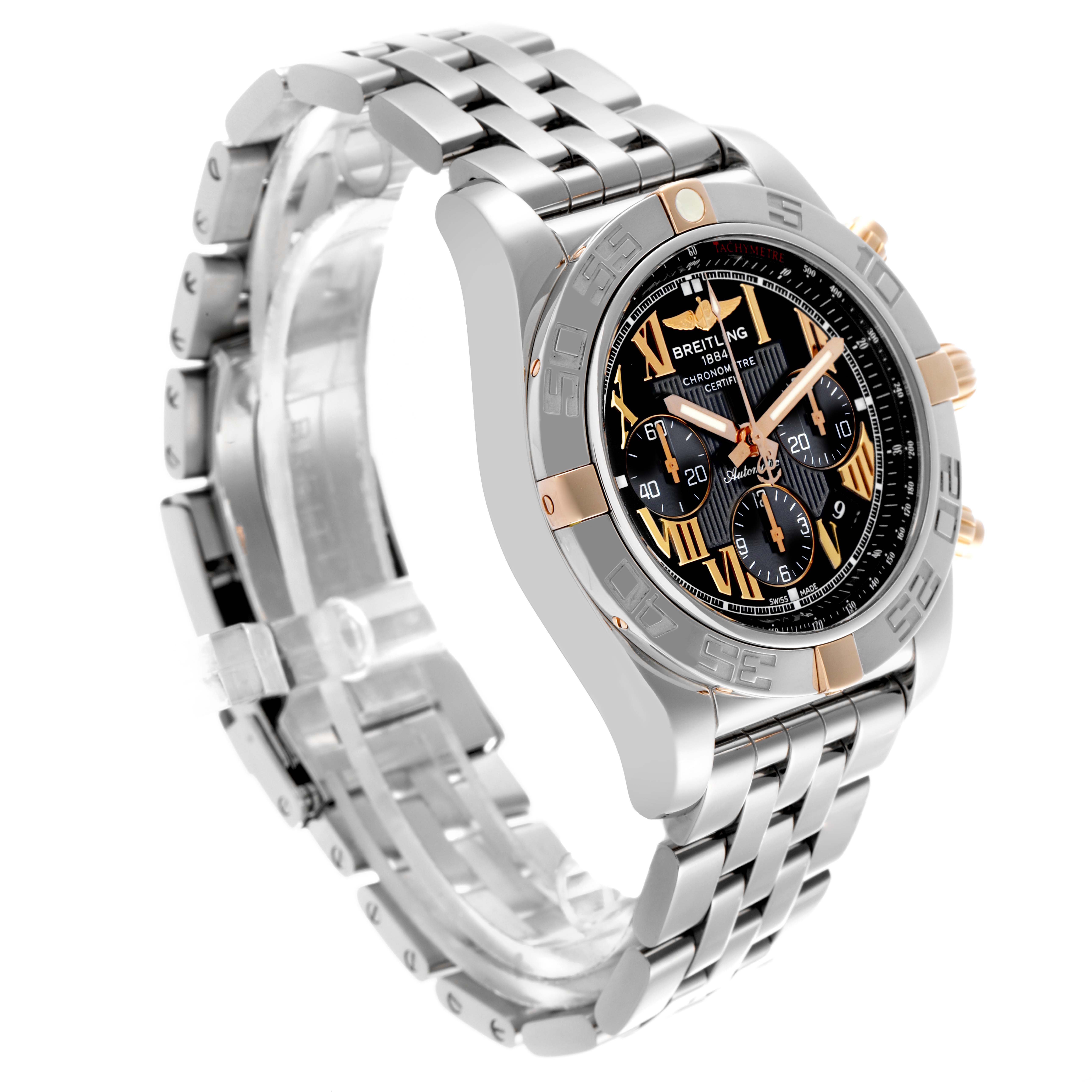 The Breitling Chronomat IB0110 Men's Steel and Gold (two tone) Black Dial IB0110 Men's Steel and Gold (two tone) Black Dial watch is shown at a three-quarter angle, highlighting the dial, bezel, and metal bracelet.