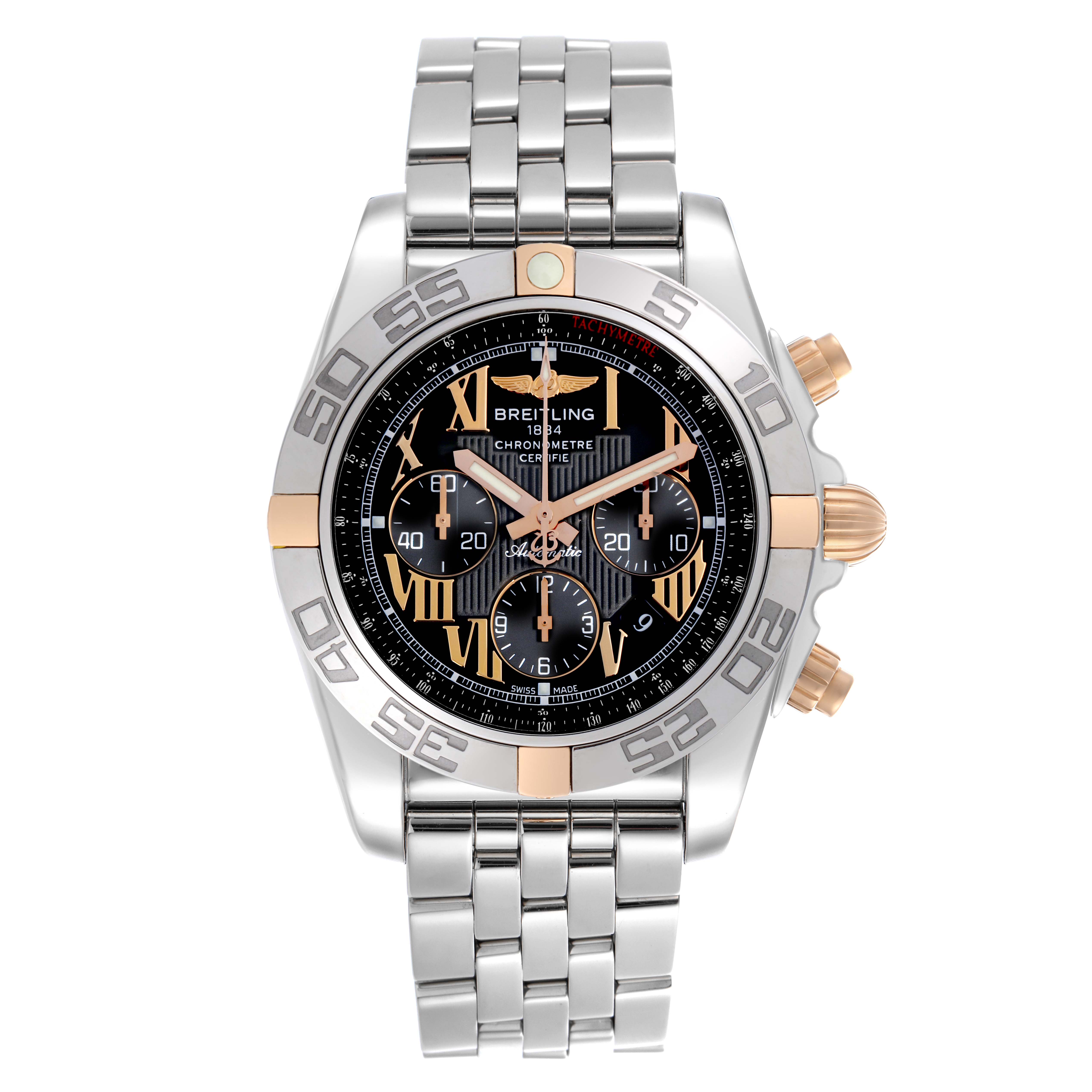 The Breitling Chronomat IB0110 Men's Steel and Gold (two tone) Black Dial IB0110 Men's Steel and Gold (two tone) Black Dial watch is shown from the front, displaying its face, dial, bezel, and steel bracelet.