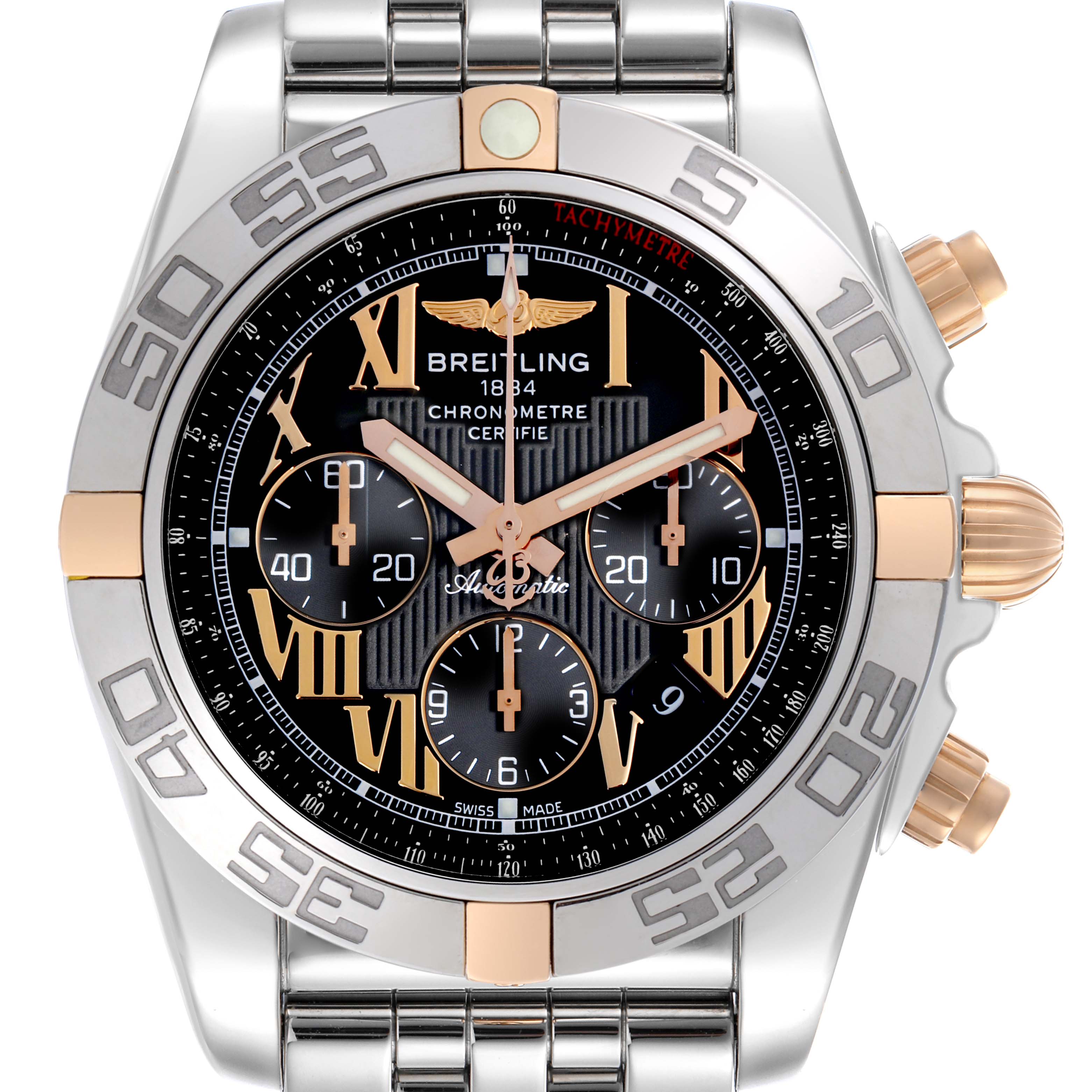 The Breitling Chronomat IB0110 Men's Steel and Gold (two tone) Black Dial IB0110 Men's Steel and Gold (two tone) Black Dial watch is shown from a front angle, highlighting its dial, bezel, crown, and subdials.