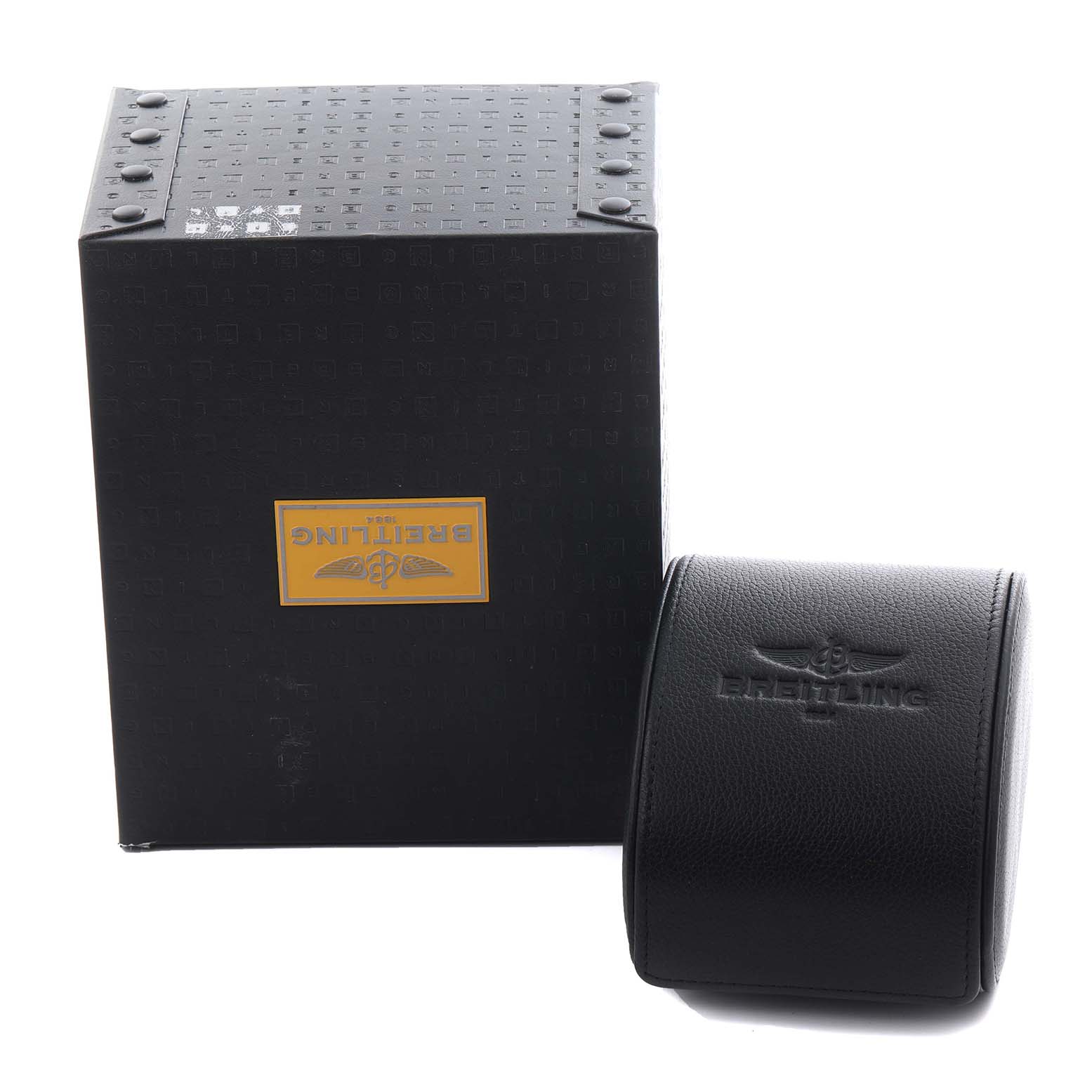 The image shows the box and leather case of a Breitling Chronomat IB0110 Men's Steel and Gold (two tone) Black Dial IB0110 Men's Steel and Gold (two tone) Black Dial watch, viewed from the front angle.