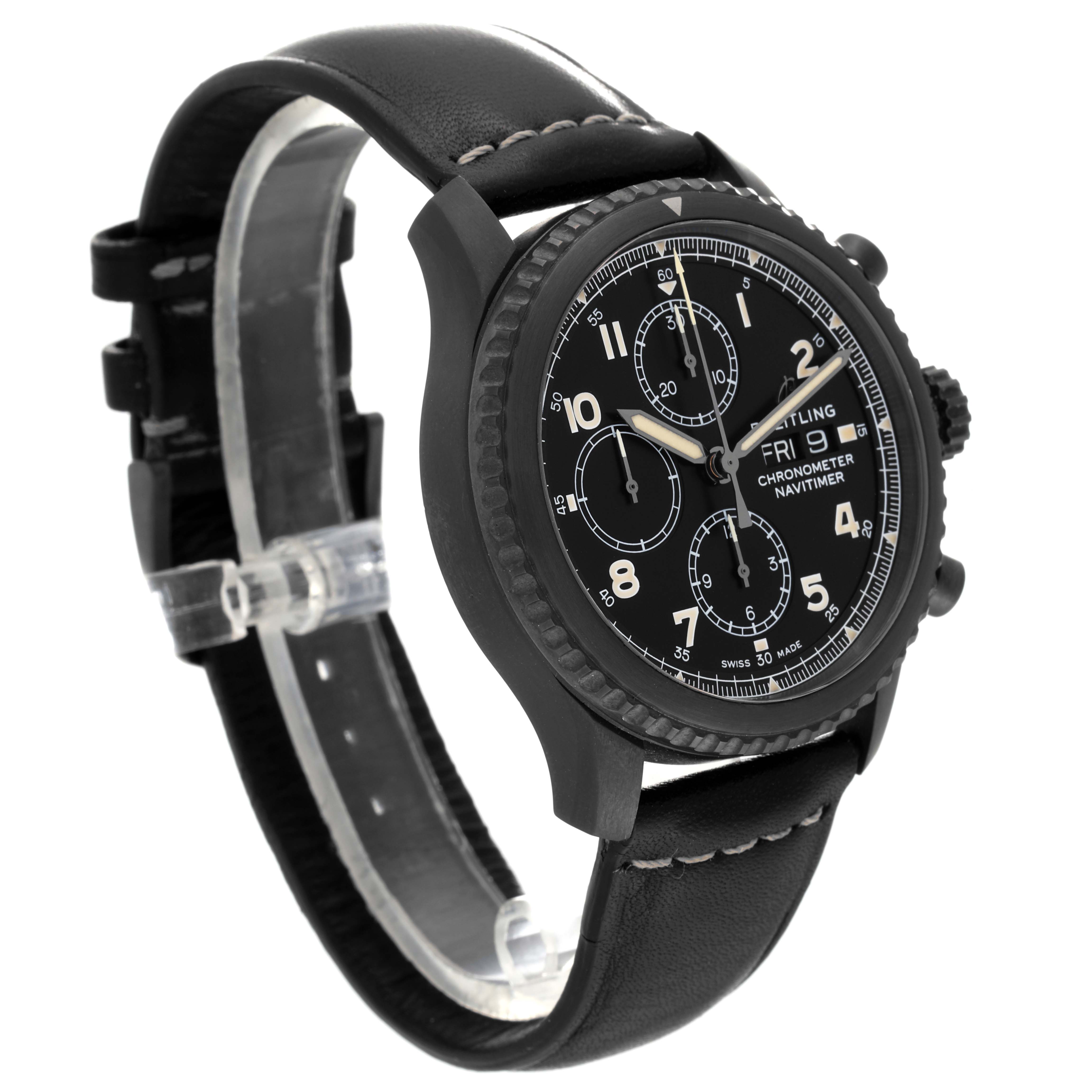 The Breitling Navitimer M13314101B1X1 Men's Stainless Steel Black Dial M13314101B1X1 Men's Stainless Steel Black Dial watch is shown from an angled view, highlighting its black dial, bezel, and strap.