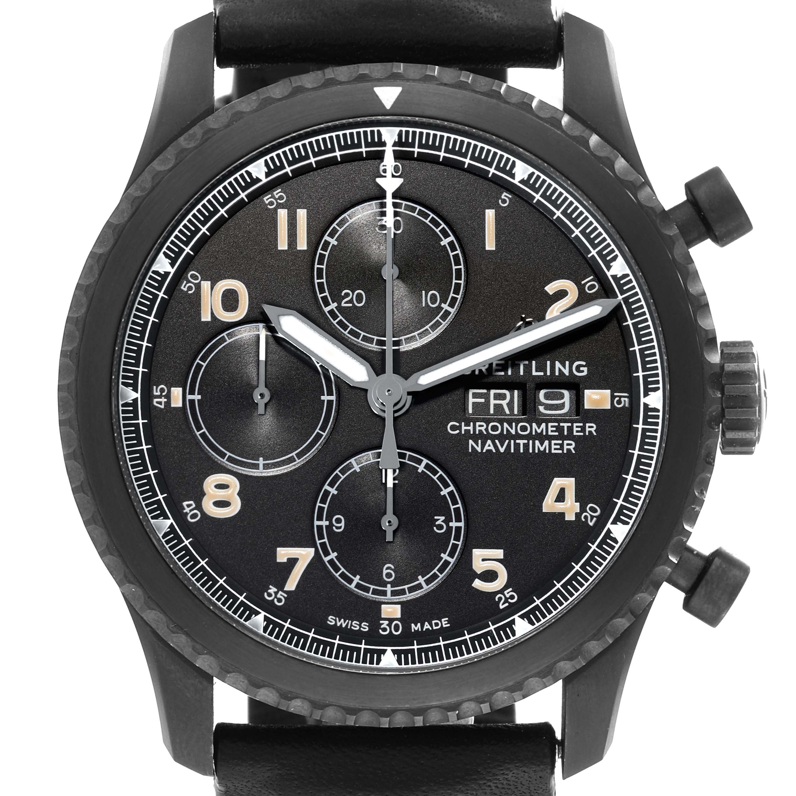 This image shows a front view of the Breitling Navitimer M13314101B1X1 Men's Stainless Steel Black Dial M13314101B1X1 Men's Stainless Steel Black Dial watch displaying its chronograph subdials and date window.