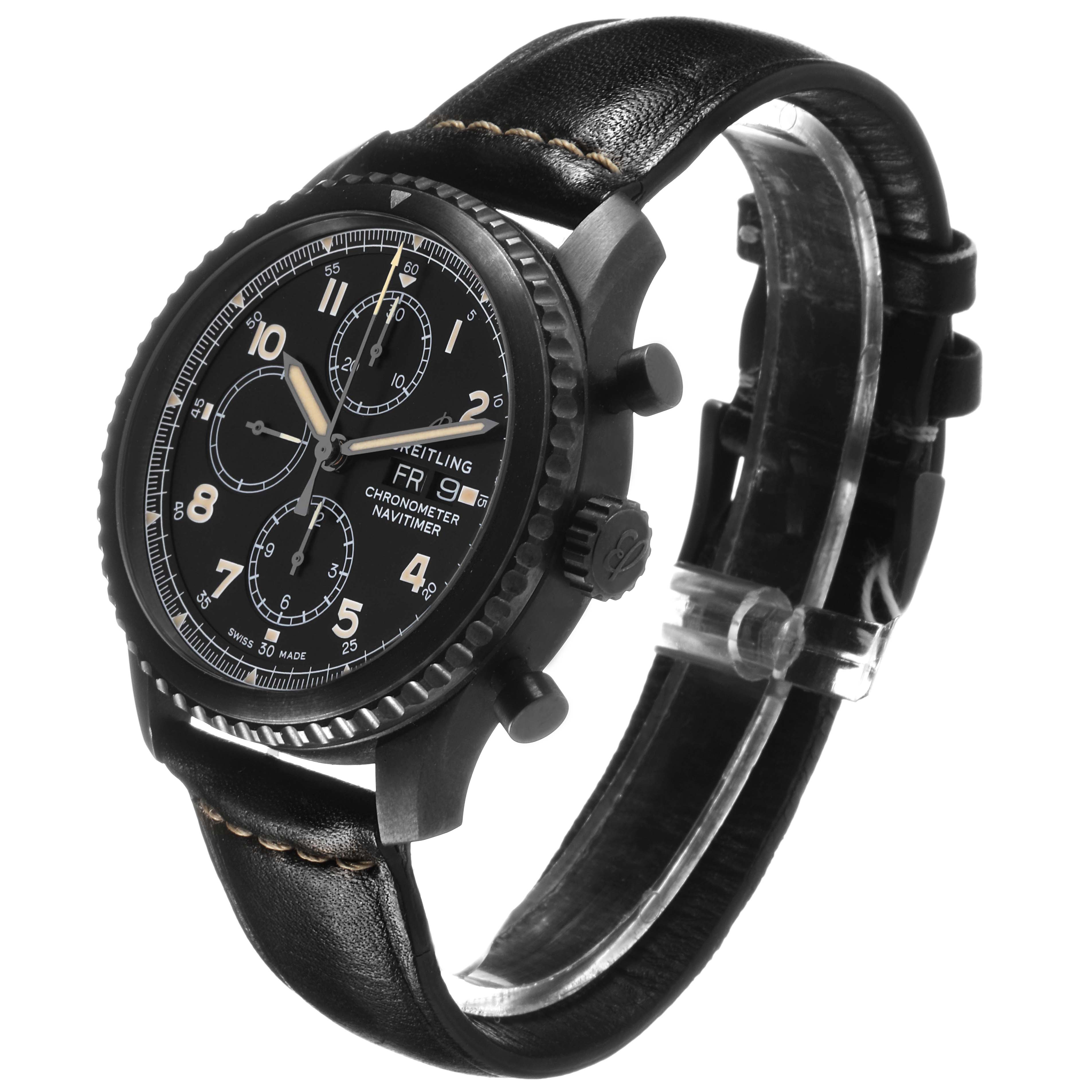 The Breitling Navitimer M13314101B1X1 Men's Stainless Steel Black Dial watch is shown at a three-quarter angle, highlighting the dial, bezel, and leather strap.