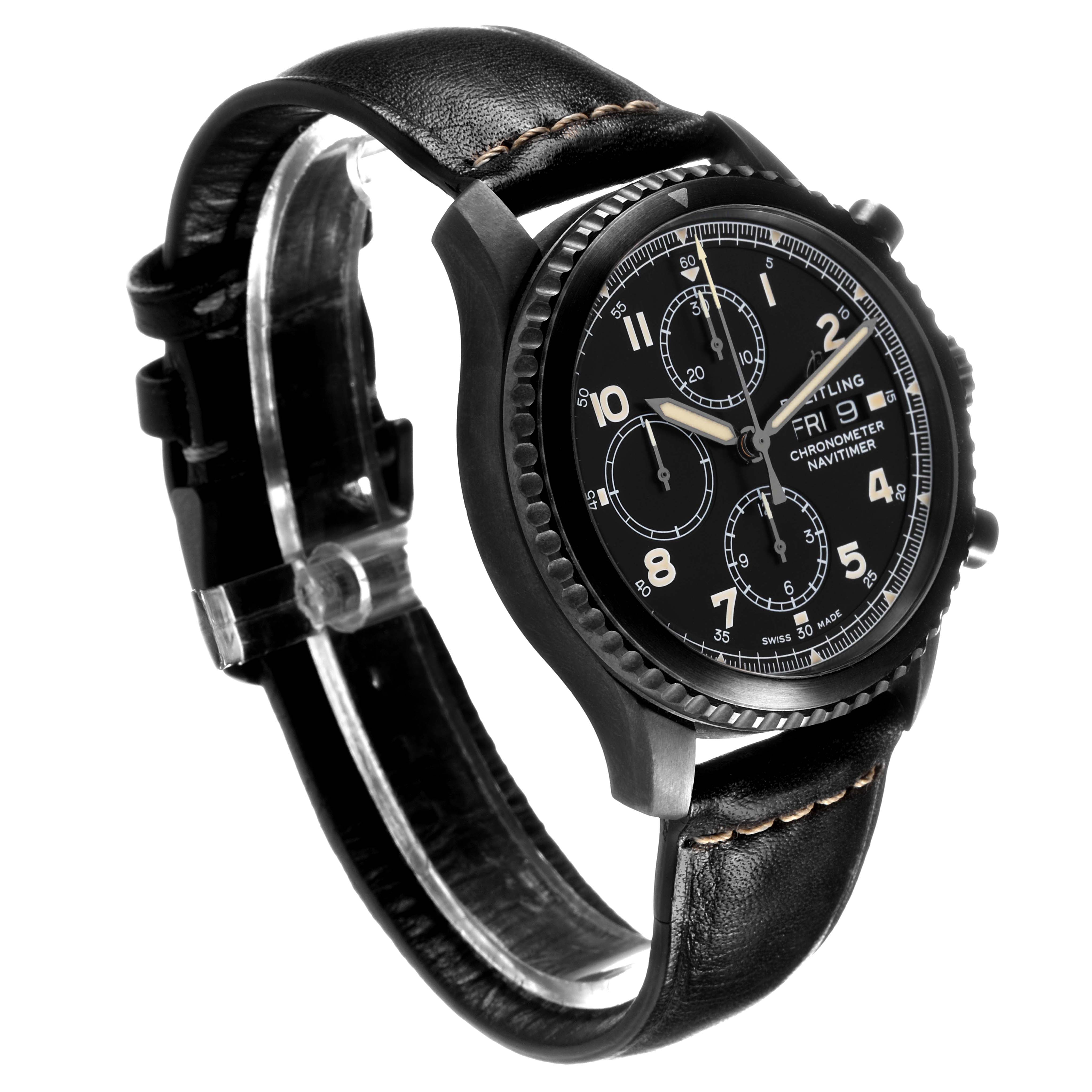 The Breitling Navitimer M13314101B1X1 Men's Stainless Steel Black Dial watch is shown at a three-quarter angle, highlighting the face, bezel, crown, pushers, and leather strap.