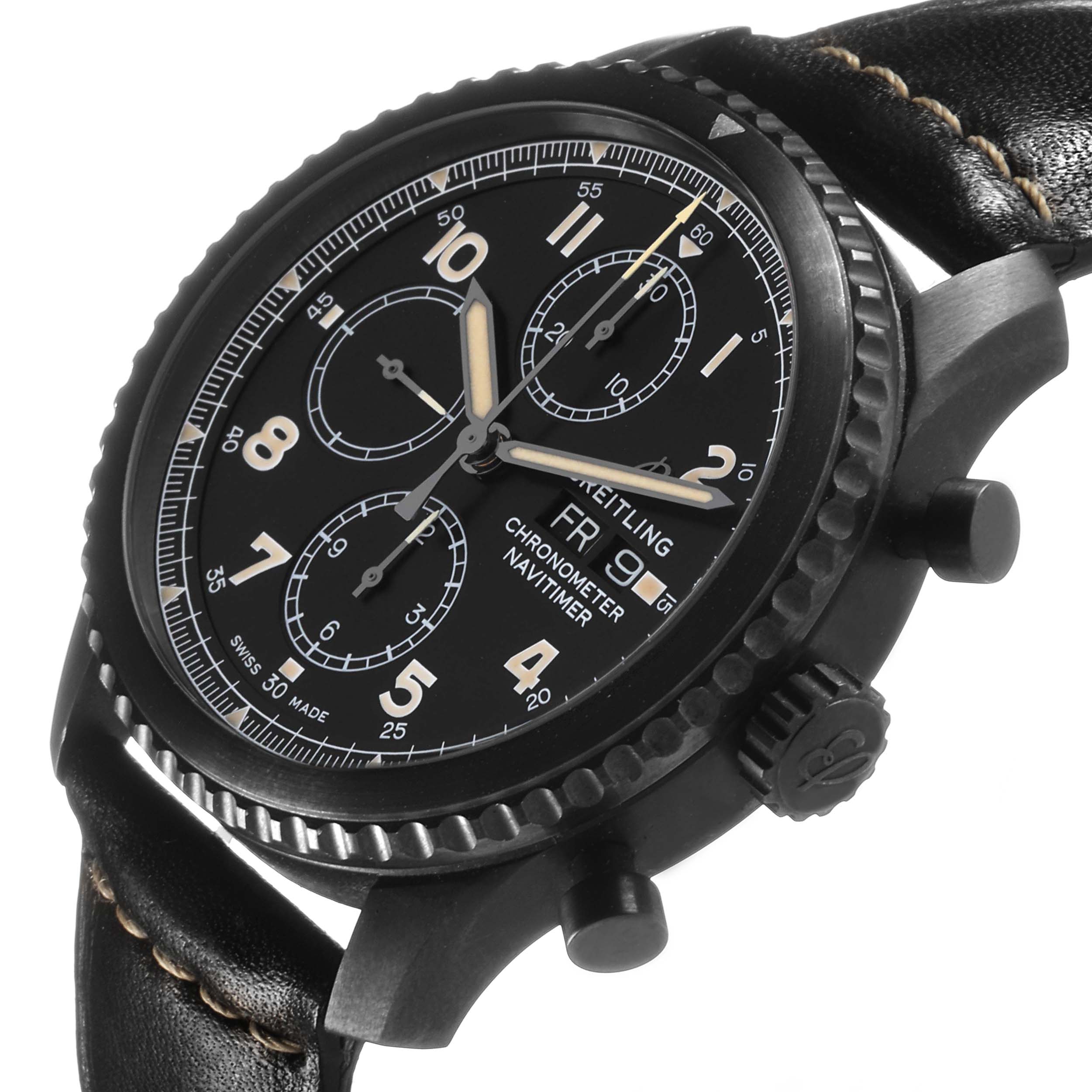 The Breitling Navitimer M13314101B1X1 Men's Stainless Steel Black Dial watch is shown at an angle highlighting the dial, crown, pushers, and leather strap.