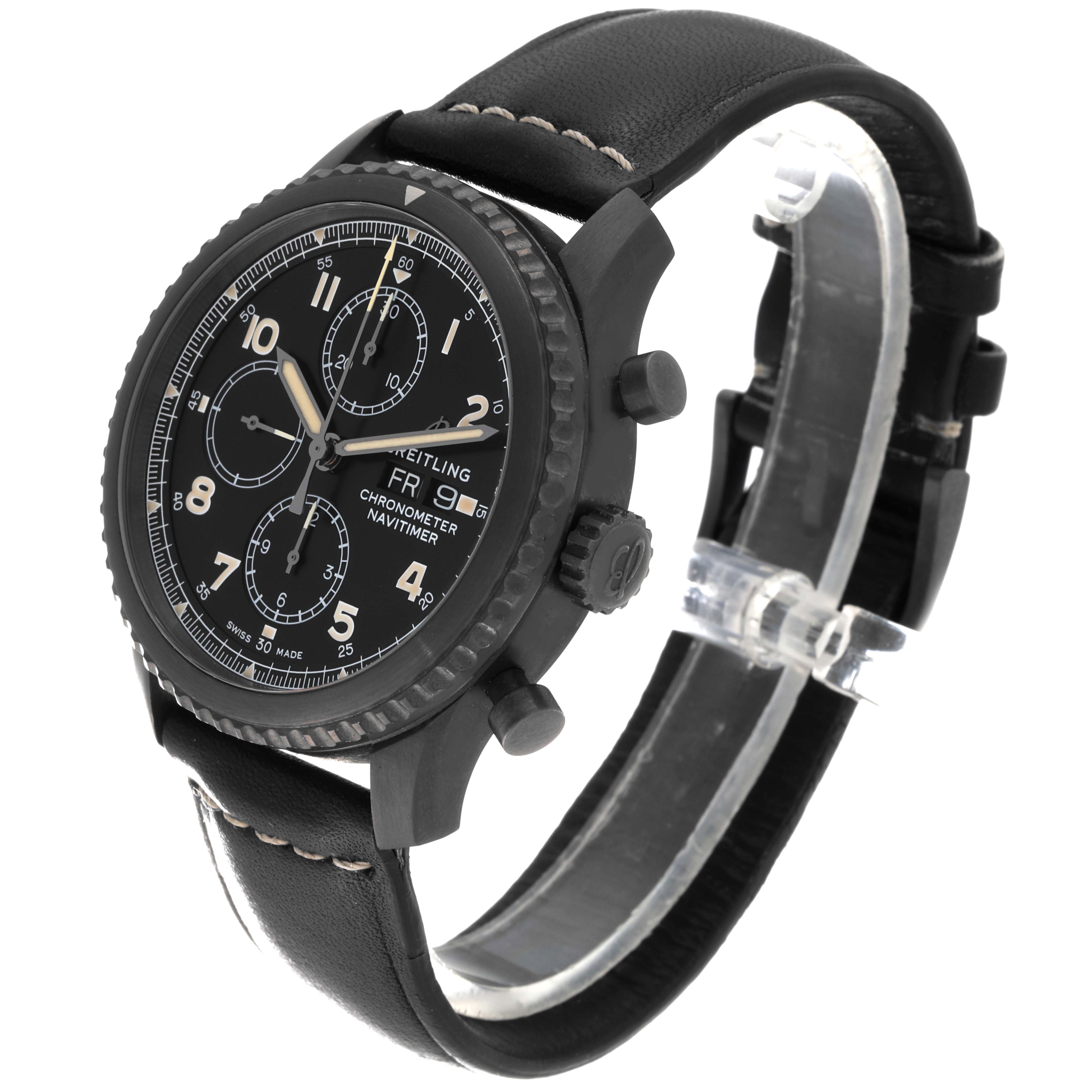 This is a Breitling Navitimer M13314101B1X1 Men's Stainless Steel Black Dial M13314101B1X1 Men's Stainless Steel Black Dial watch shown at a 3/4 angle, focusing on the face, bezel, and leather strap.