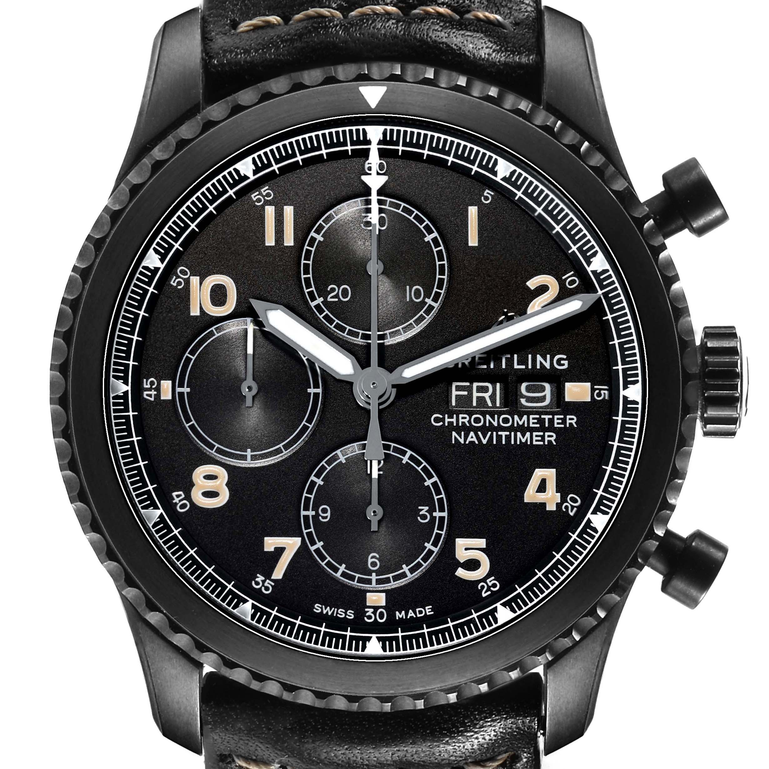 The Breitling Navitimer M13314101B1X1 Men's Stainless Steel Black Dial watch is shown from the front, displaying the face, subdials, and side buttons.