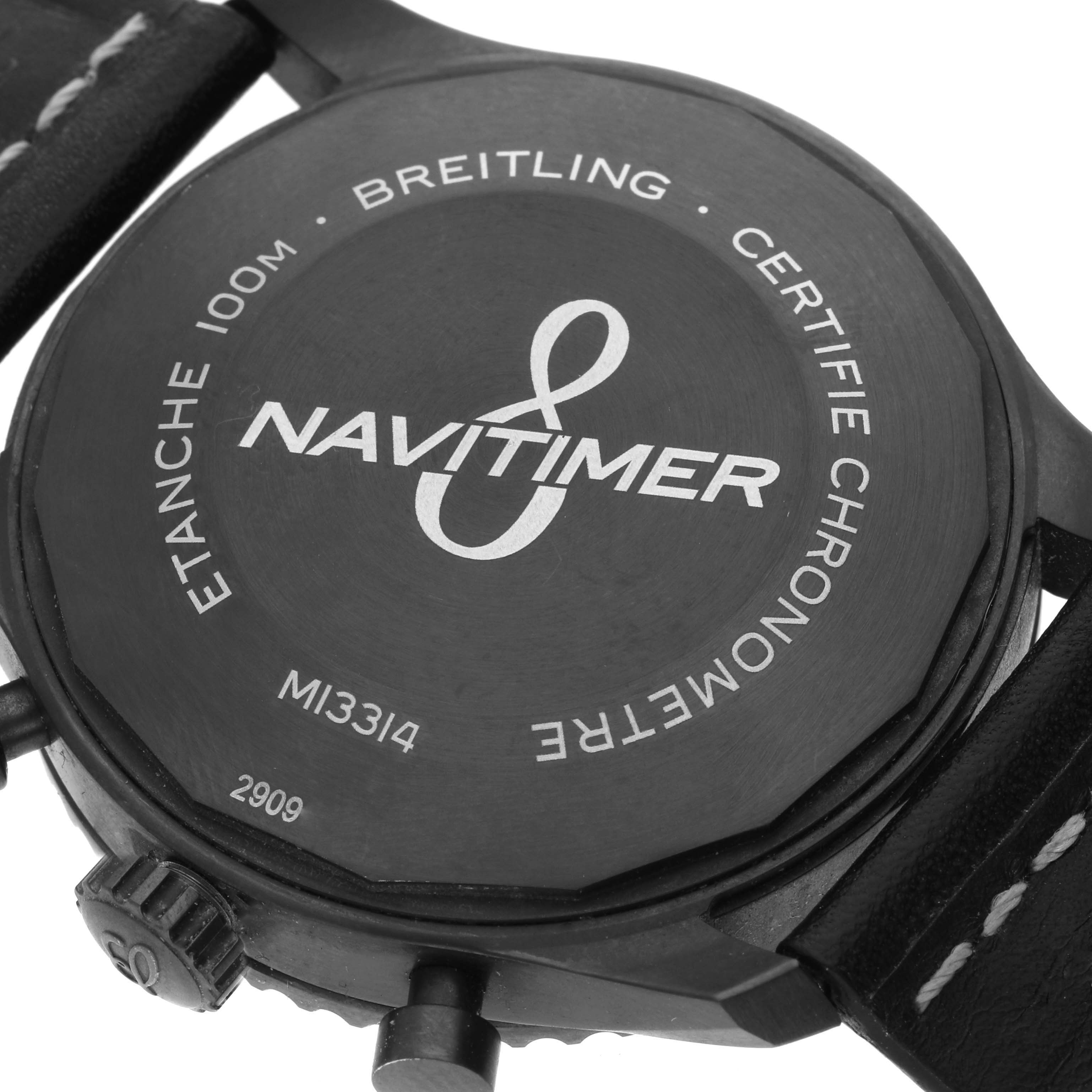 The image shows the back case of a Breitling Navitimer M13314101B1X1 Men's Stainless Steel Black Dial M13314101B1X1 Men's Stainless Steel Black Dial watch, highlighting the model name and brand details.