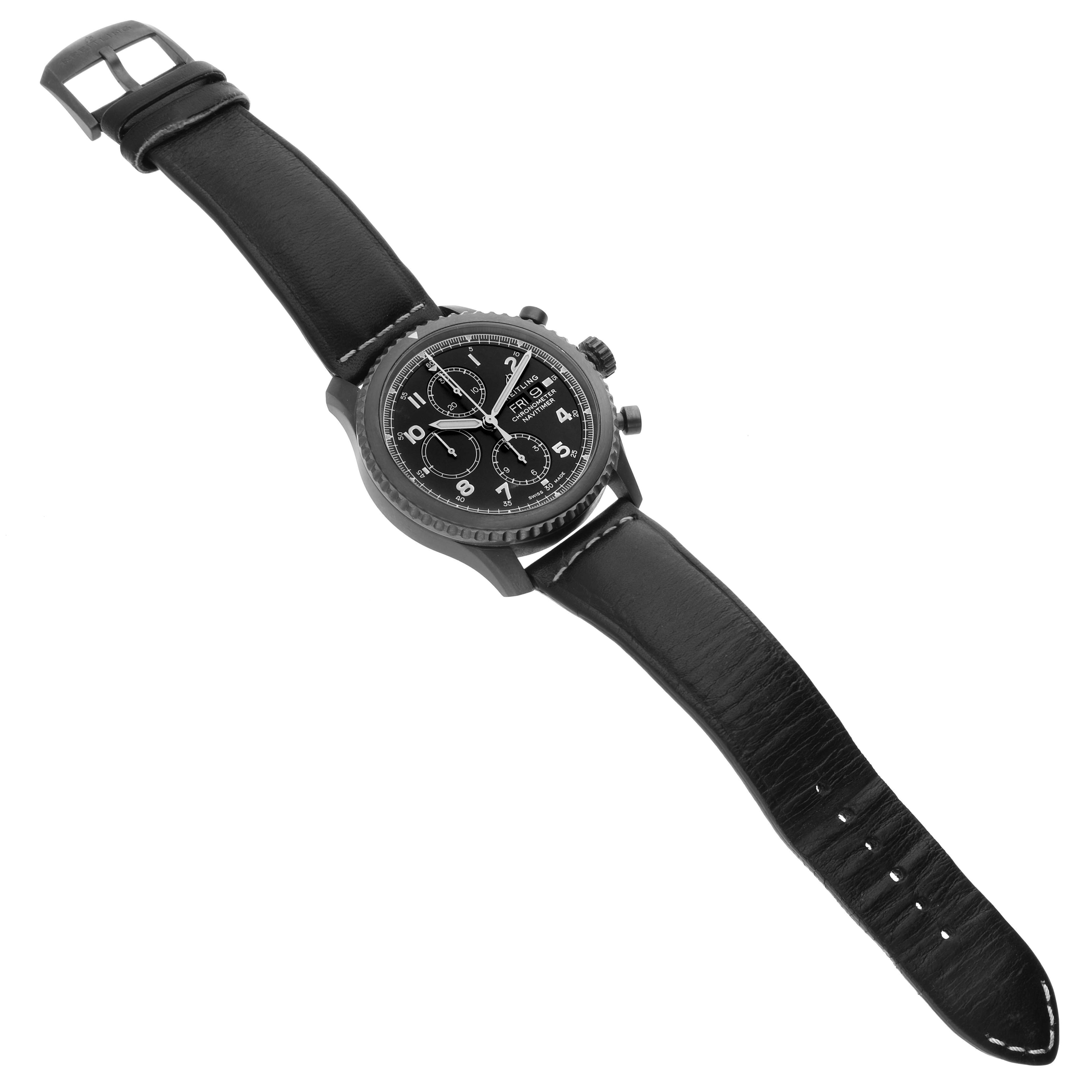 The Breitling Navitimer M13314101B1X1 Men's Stainless Steel Black Dial watch is shown from a top-down angle, displaying the dial, bezel, strap, and buckle.
