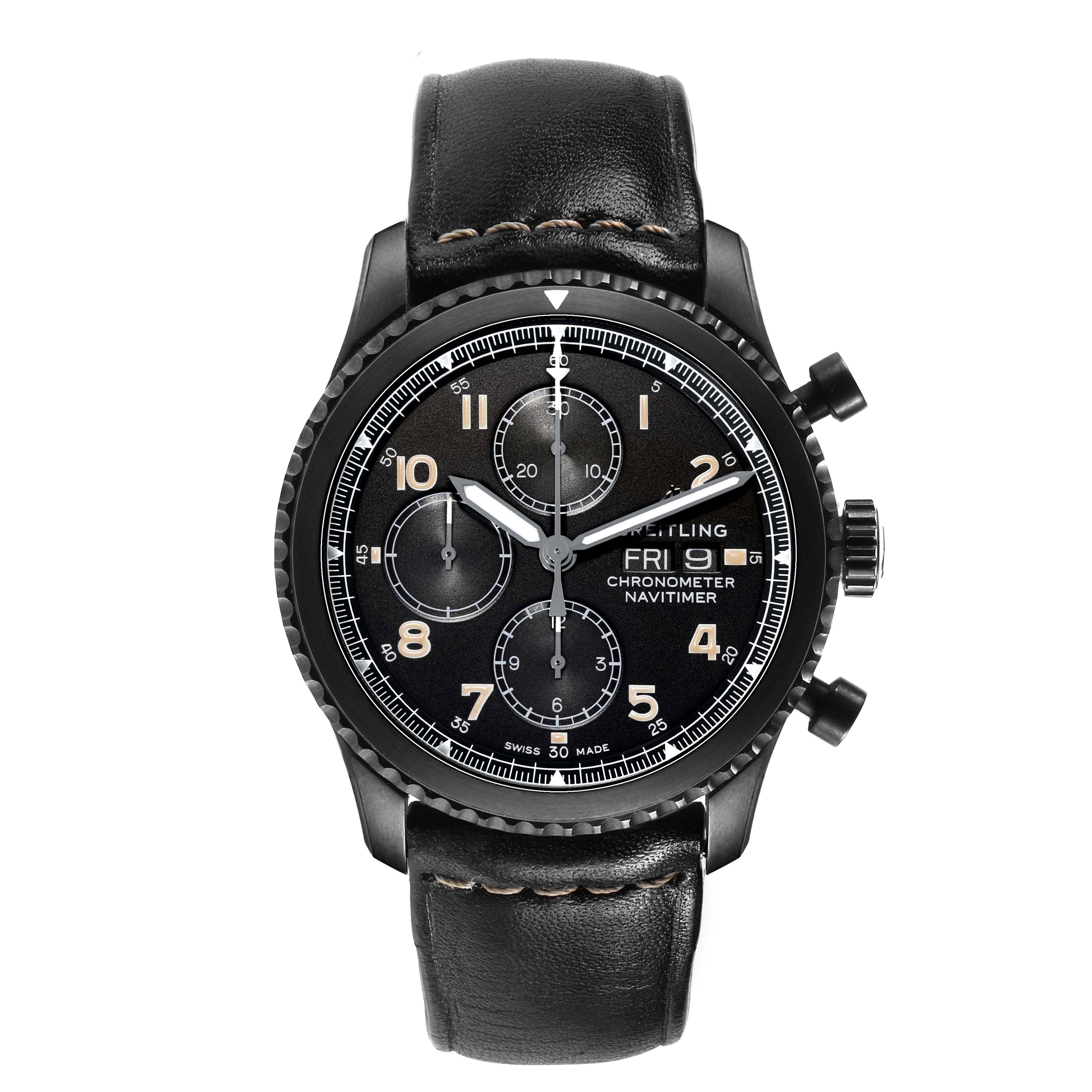 The Breitling Navitimer M13314101B1X1 Men's Stainless Steel Black Dial watch is shown from a top-down angle, displaying the face, bezel, push buttons, and leather strap.
