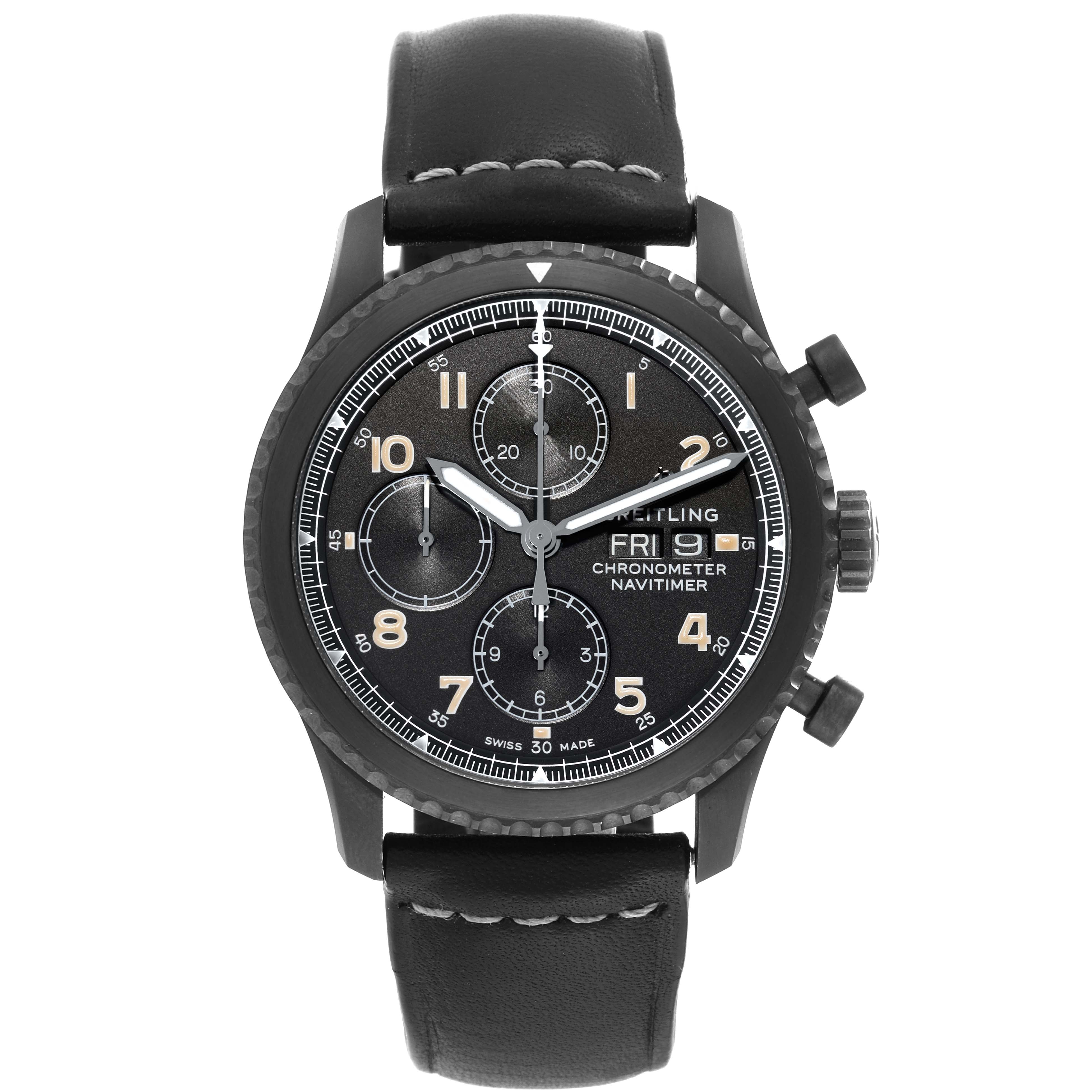 The image shows a front view of a Breitling Navitimer M13314101B1X1 Men's Stainless Steel Black Dial M13314101B1X1 Men's Stainless Steel Black Dial watch displaying its dial, bezel, pushers, and leather strap.