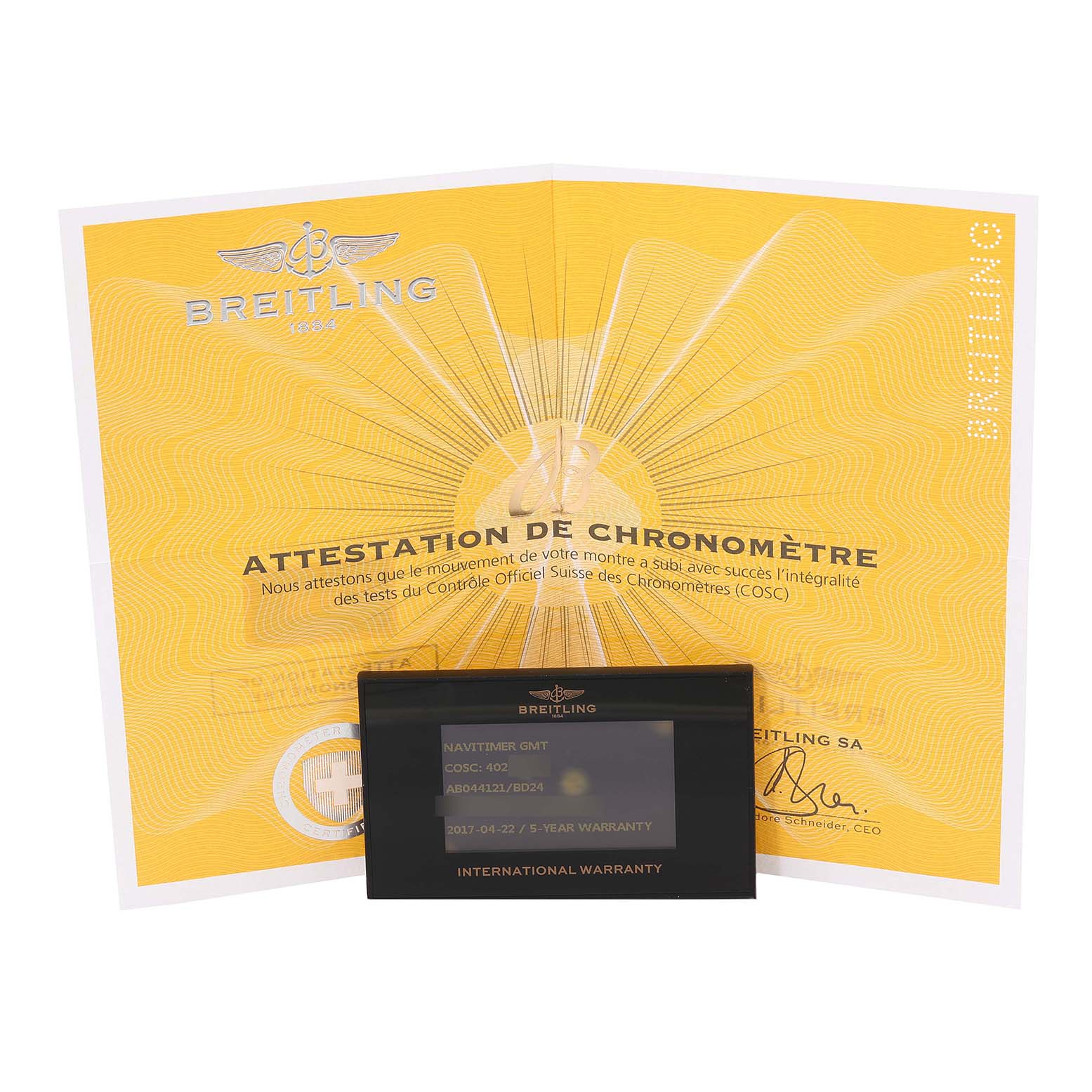 The image shows a Breitling Navitimer AB0441 Men's Stainless Steel Silver Dial AB0441 Men's Stainless Steel Silver Dial's attestation de chronomètre certificate and international warranty card.