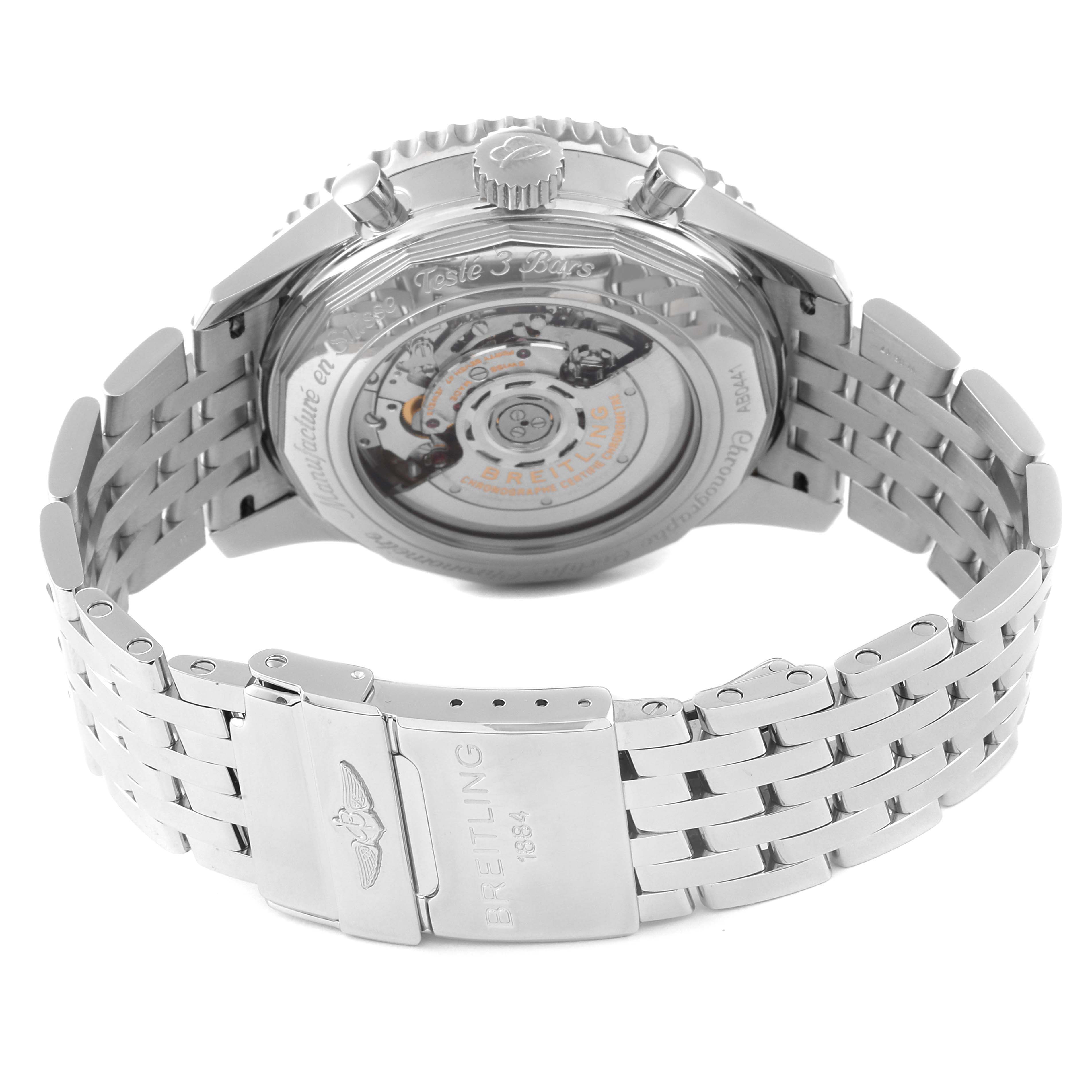 The image shows the back and part of the bracelet of a Breitling Navitimer AB0441 Men's Stainless Steel Silver Dial AB0441 Men's Stainless Steel Silver Dial watch, highlighting its transparent case back and clasp.