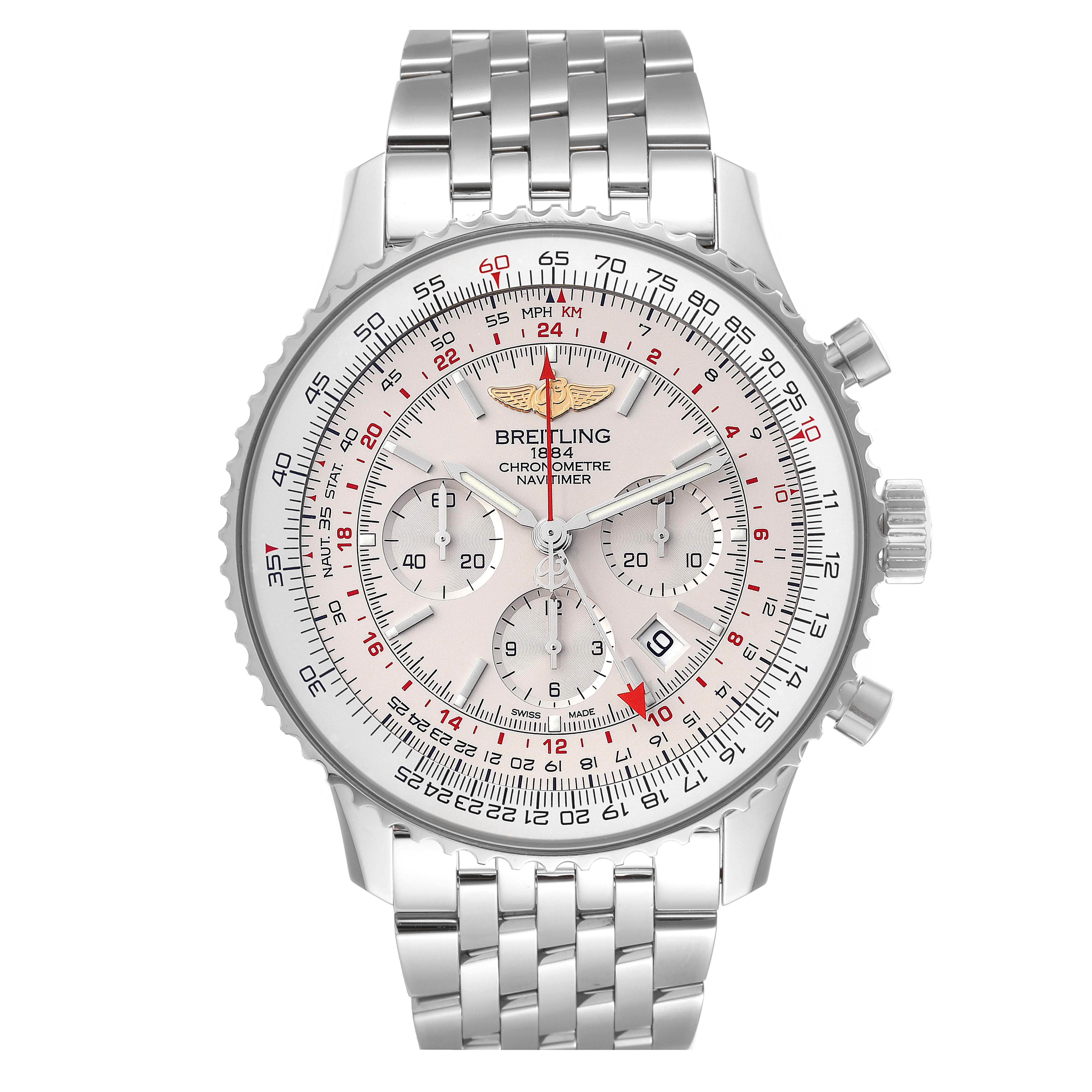 The image shows a front view of a Breitling Navitimer AB0441 Men's Stainless Steel Silver Dial AB0441 Men's Stainless Steel Silver Dial watch with a metal bracelet and detailed chronograph dial.