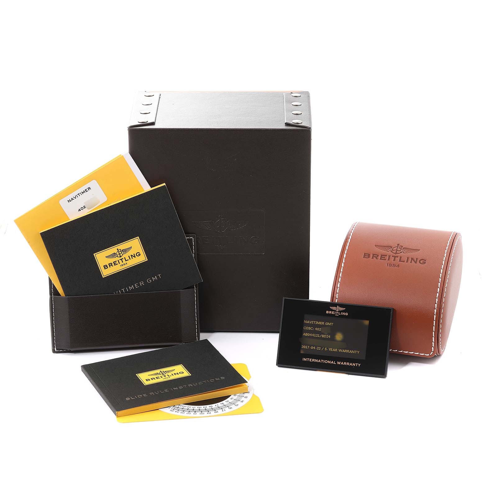 The image shows the packaging, manuals, warranty card, and leather case for the Breitling Navitimer AB0441 Men's Stainless Steel Silver Dial AB0441 Men's Stainless Steel Silver Dial watch.