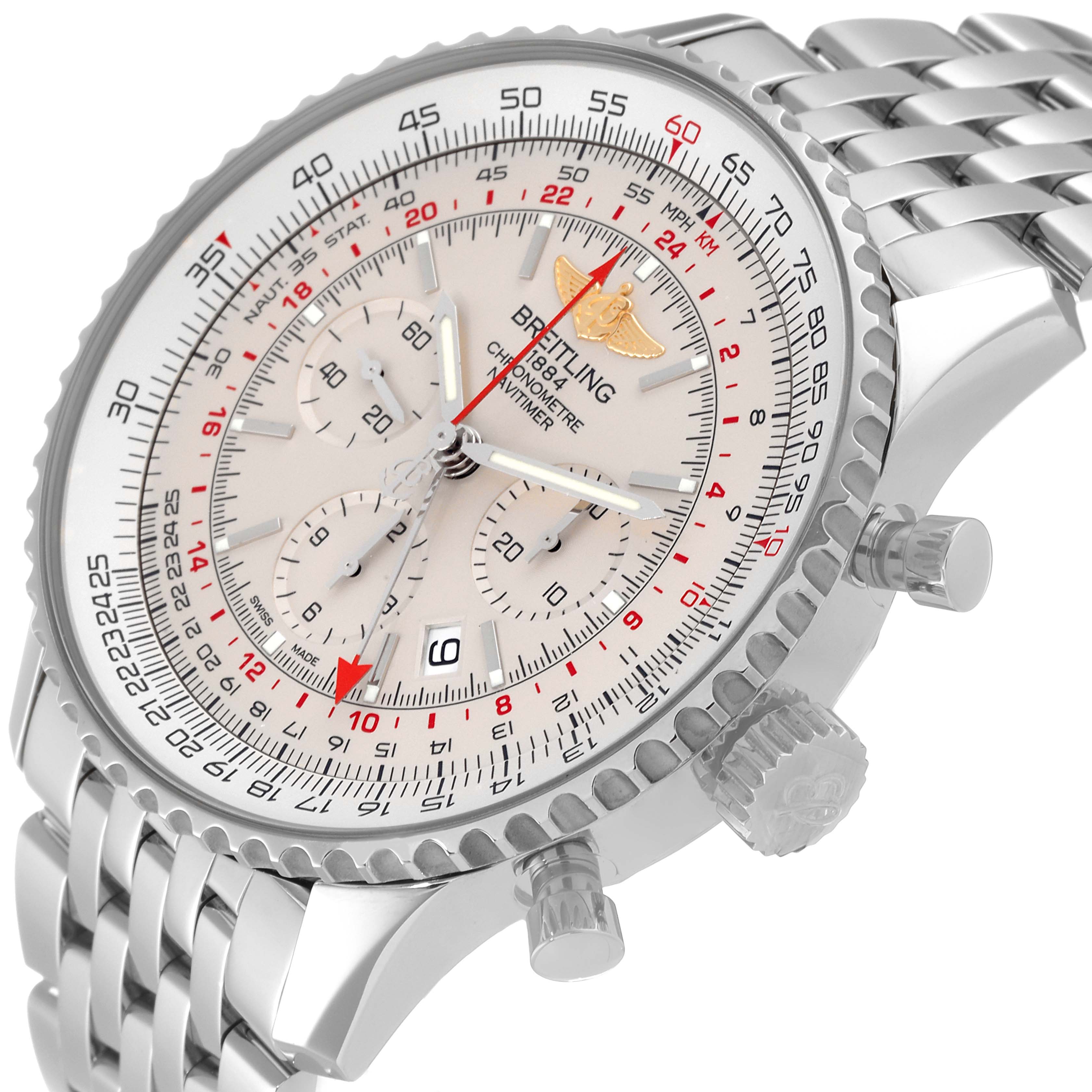 The Breitling Navitimer AB0441 Men's Stainless Steel Silver Dial AB0441 Men's Stainless Steel Silver Dial watch is shown at an oblique angle, highlighting the face, chronograph dials, bezel, and crown.