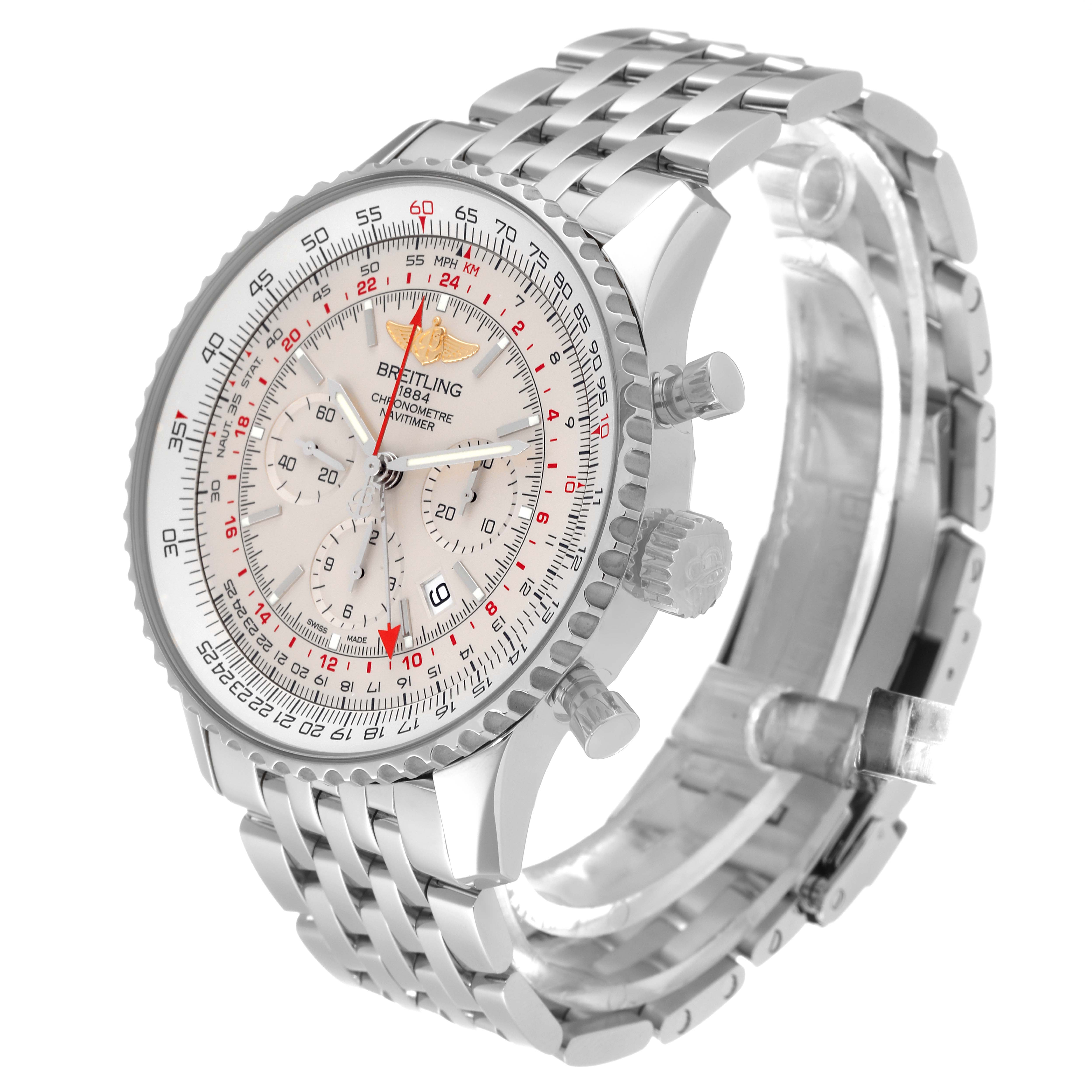 The image shows a Breitling Navitimer AB0441 Men's Stainless Steel Silver Dial AB0441 Men's Stainless Steel Silver Dial watch from an angled front view, displaying the dial, crown, pushers, and metal bracelet.