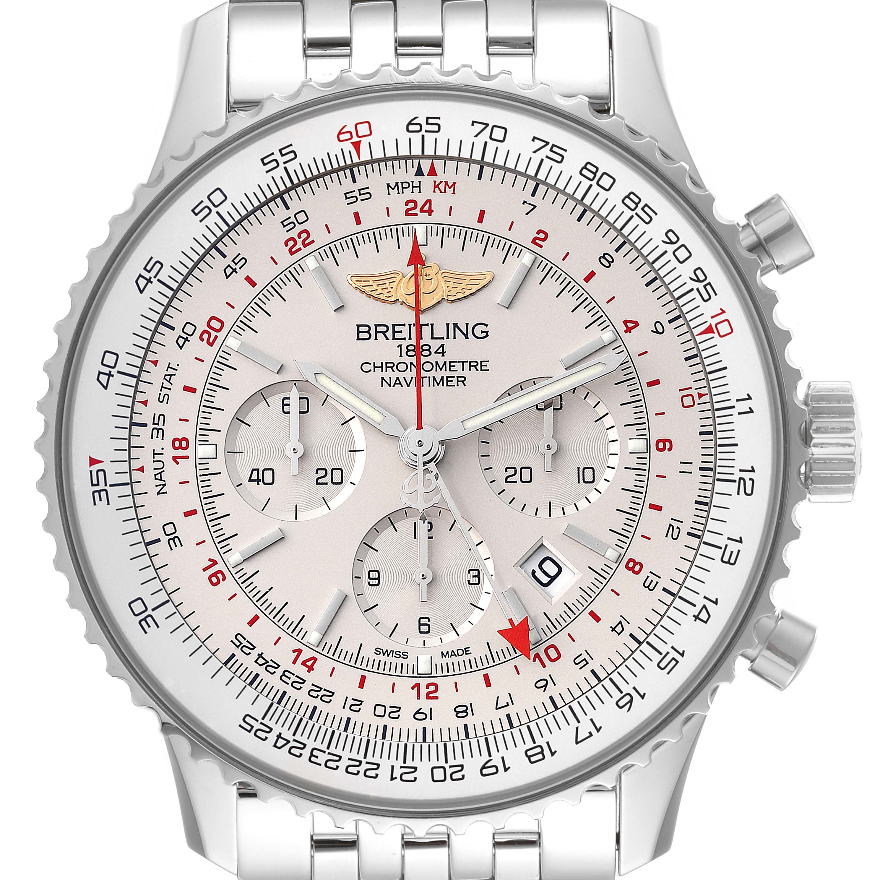 The image shows a close-up, front view of the dial and bezel of the Breitling Navitimer AB0441 Men's Stainless Steel Silver Dial AB0441 Men's Stainless Steel Silver Dial watch, including its subdials and metal bracelet.