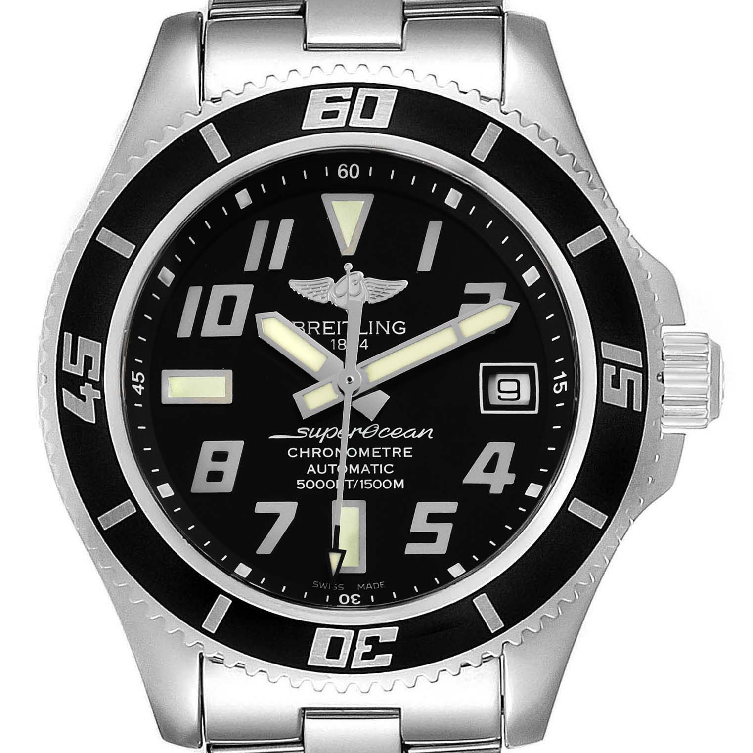 The Breitling Superocean A17364 Men's Stainless Steel Black Dial A17364 Men's Stainless Steel Black Dial watch is shown from a front angle, displaying its face, bezel, and part of the bracelet.