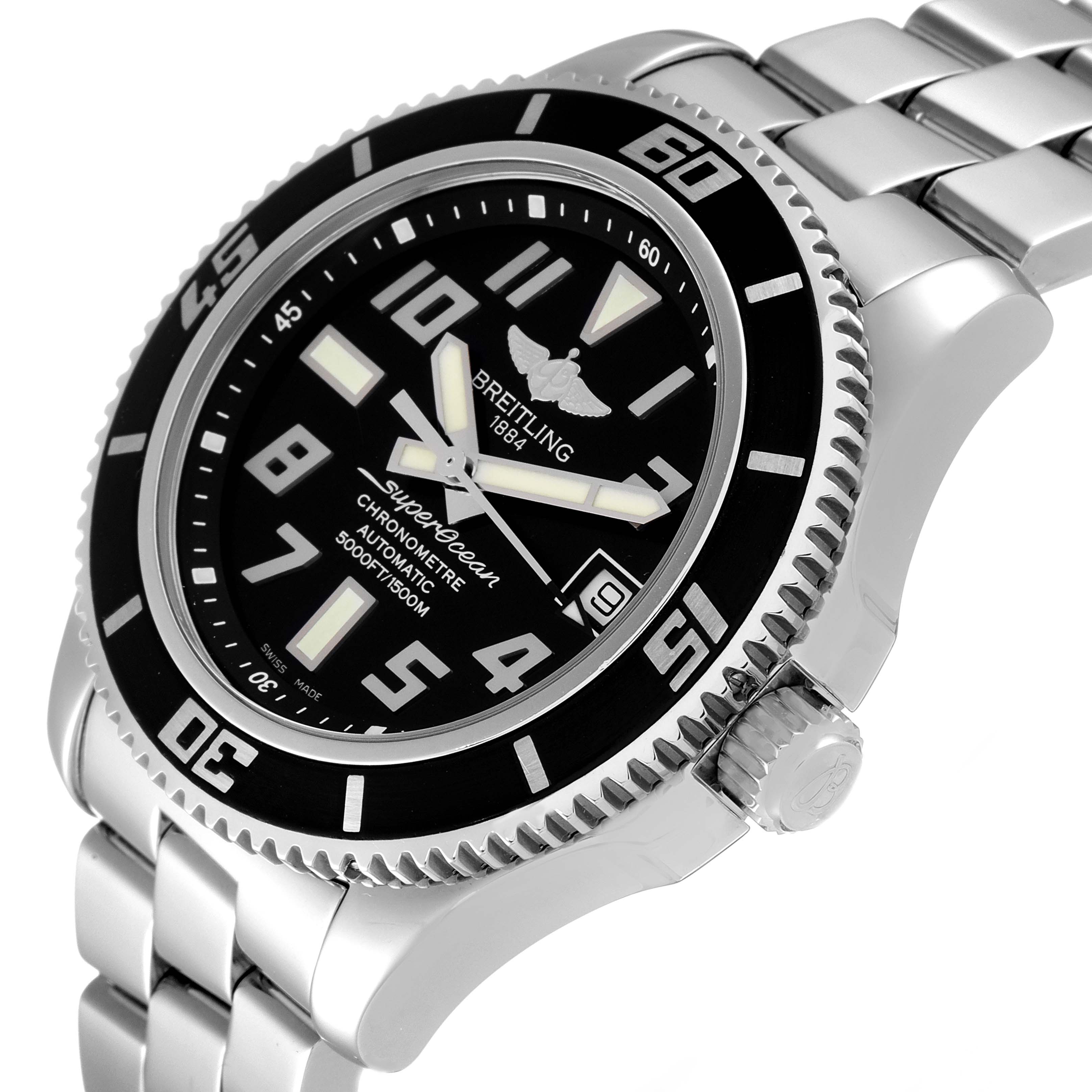 This Breitling Superocean A17364 Men's Stainless Steel Black Dial A17364 Men's Stainless Steel Black Dial watch is shown in a quarter view, highlighting the bezel, crown, and part of the bracelet.