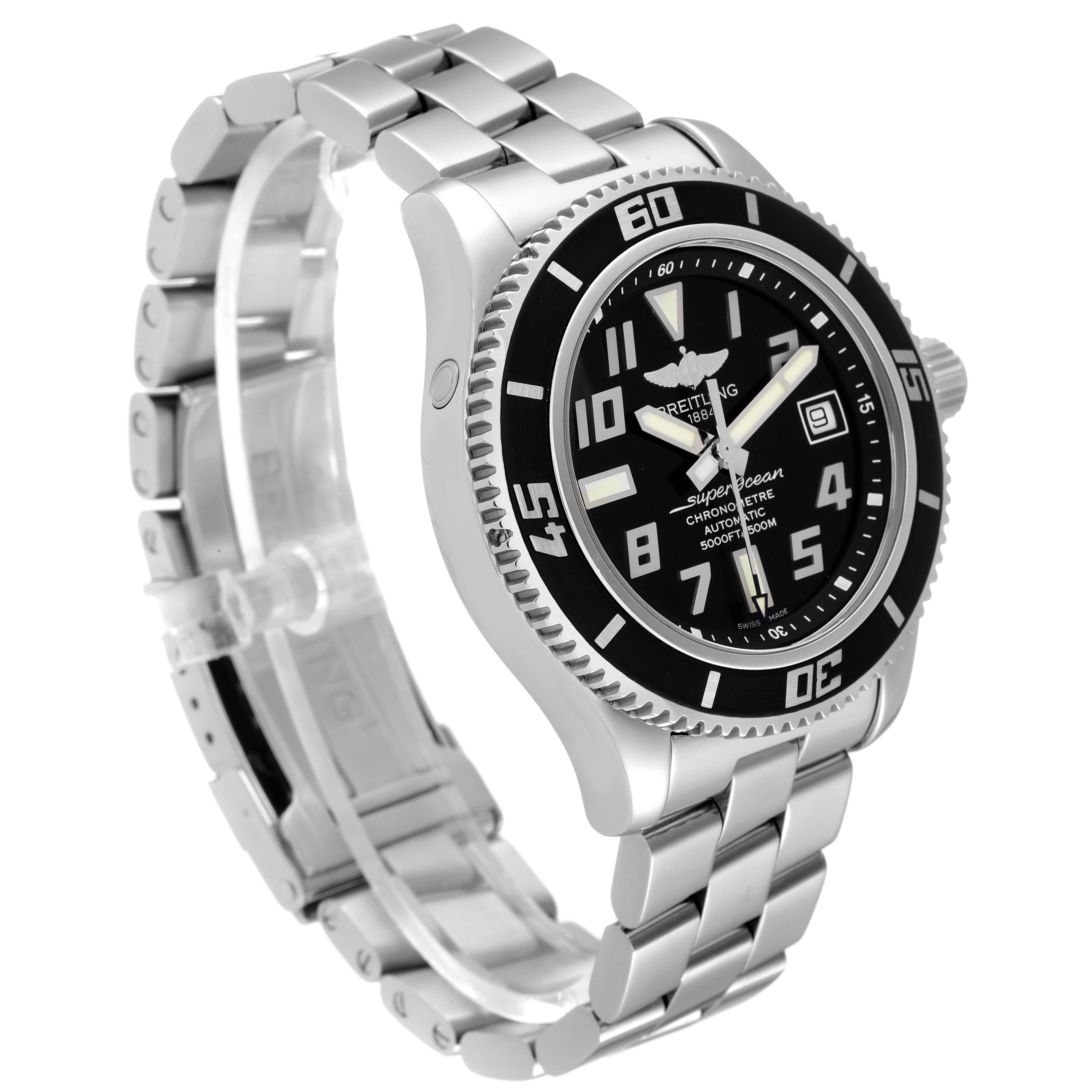 The image shows a Breitling Superocean A17364 Men's Stainless Steel Black Dial A17364 Men's Stainless Steel Black Dial watch angled slightly from the side, displaying the bezel, dial, case, and bracelet.
