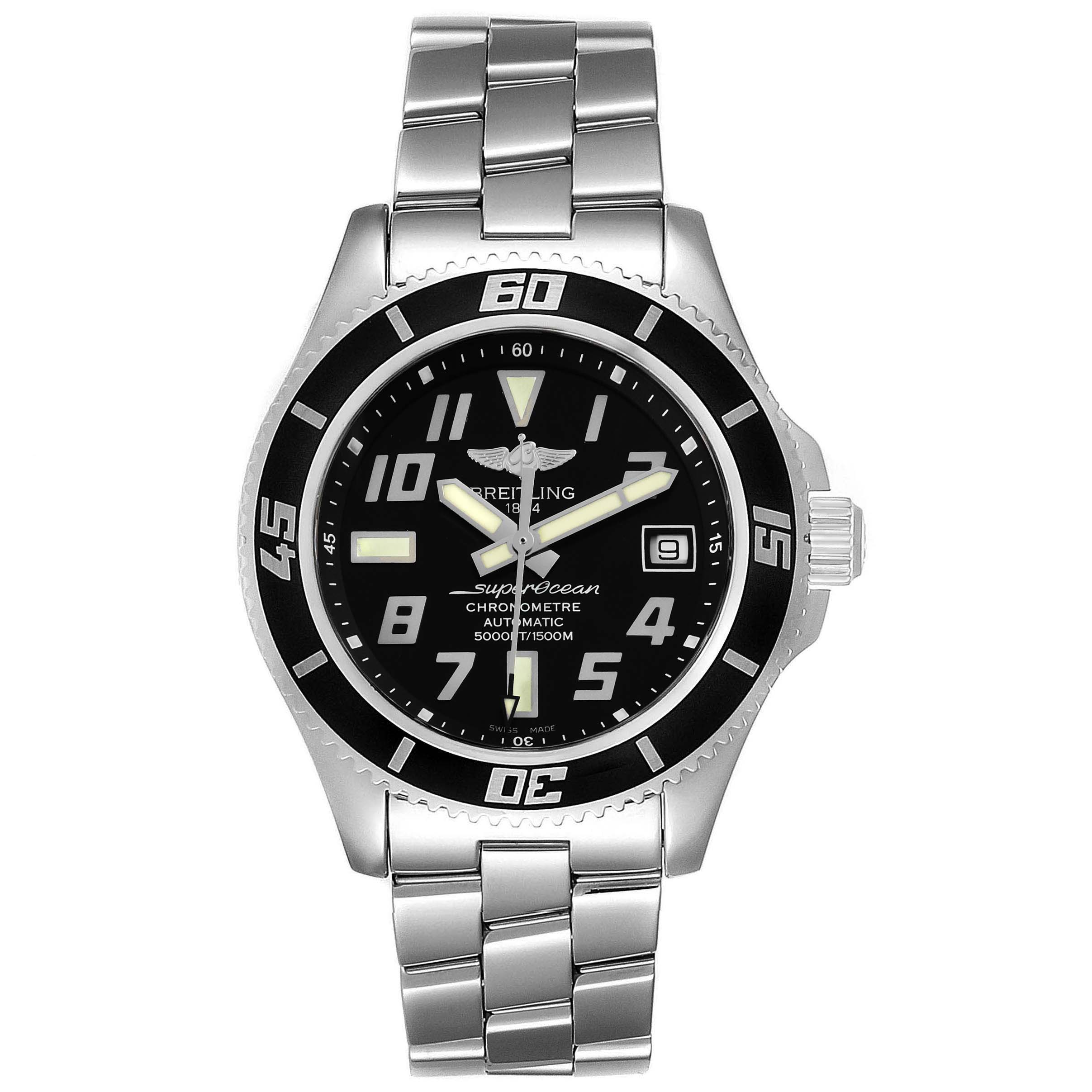 This image shows a front view of a Breitling Superocean A17364 Men's Stainless Steel Black Dial A17364 Men's Stainless Steel Black Dial watch, featuring its face, bezel, crown, and metal bracelet.