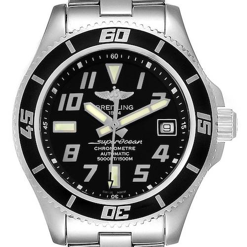 This image displays a front view of the Breitling Superocean watch, showcasing the dial, bezel, and part of the bracelet.