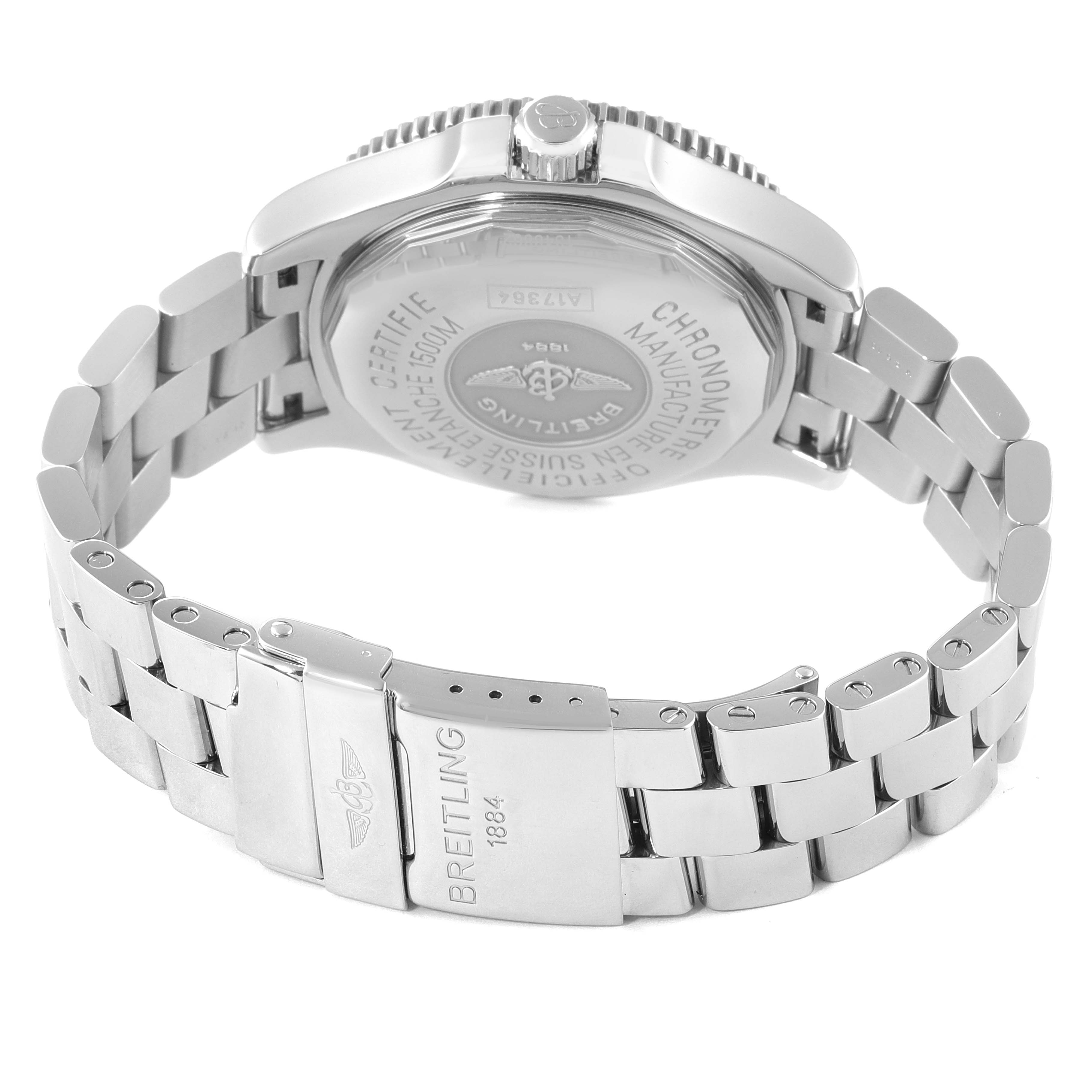 This image shows the back and clasp of a Breitling Superocean A17364 Men's Stainless Steel Black Dial A17364 Men's Stainless Steel Black Dial watch, highlighting the stainless steel bracelet and engraved case back.