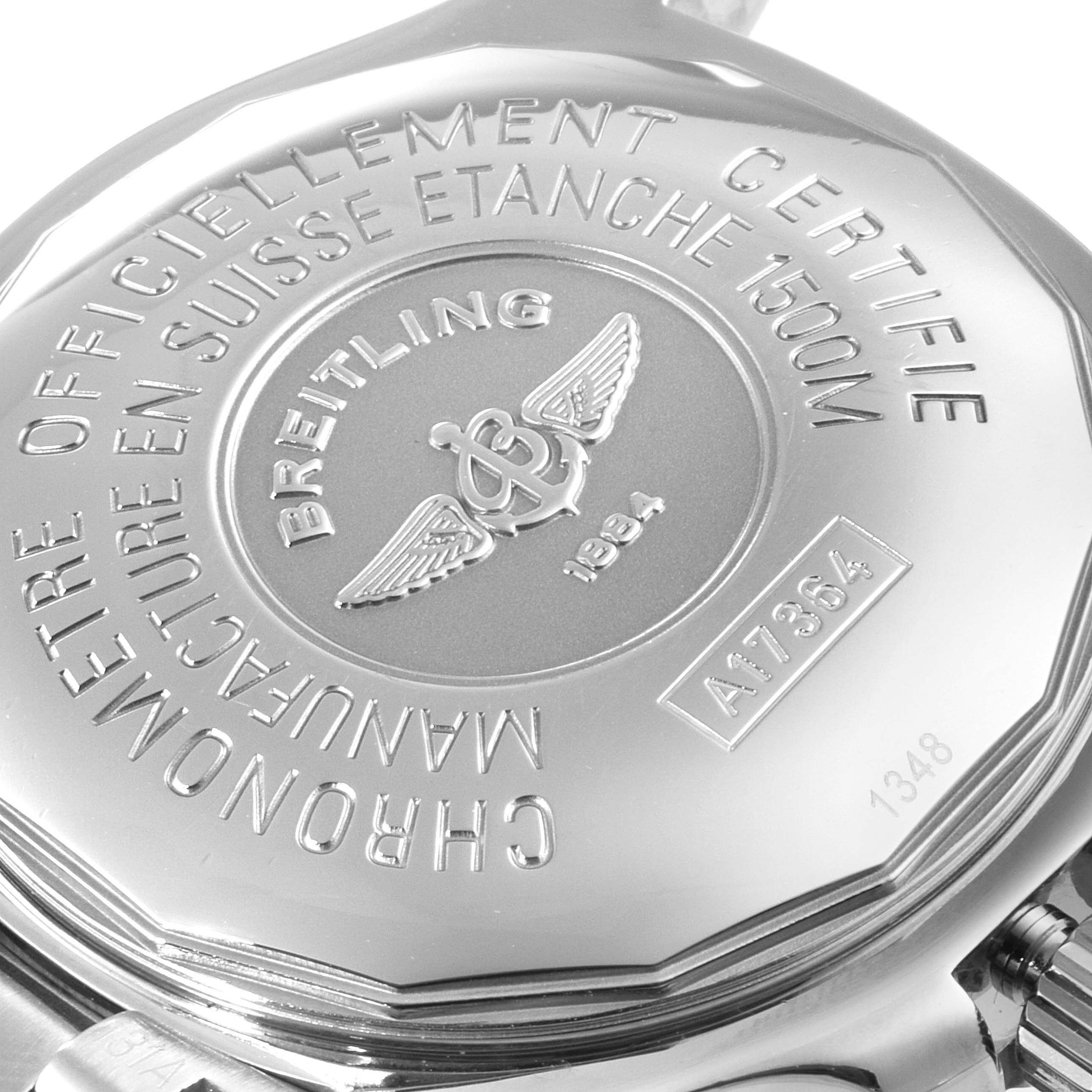 The image shows the back case of the Breitling Superocean A17364 Men's Stainless Steel Black Dial A17364 Men's Stainless Steel Black Dial watch at an angle.