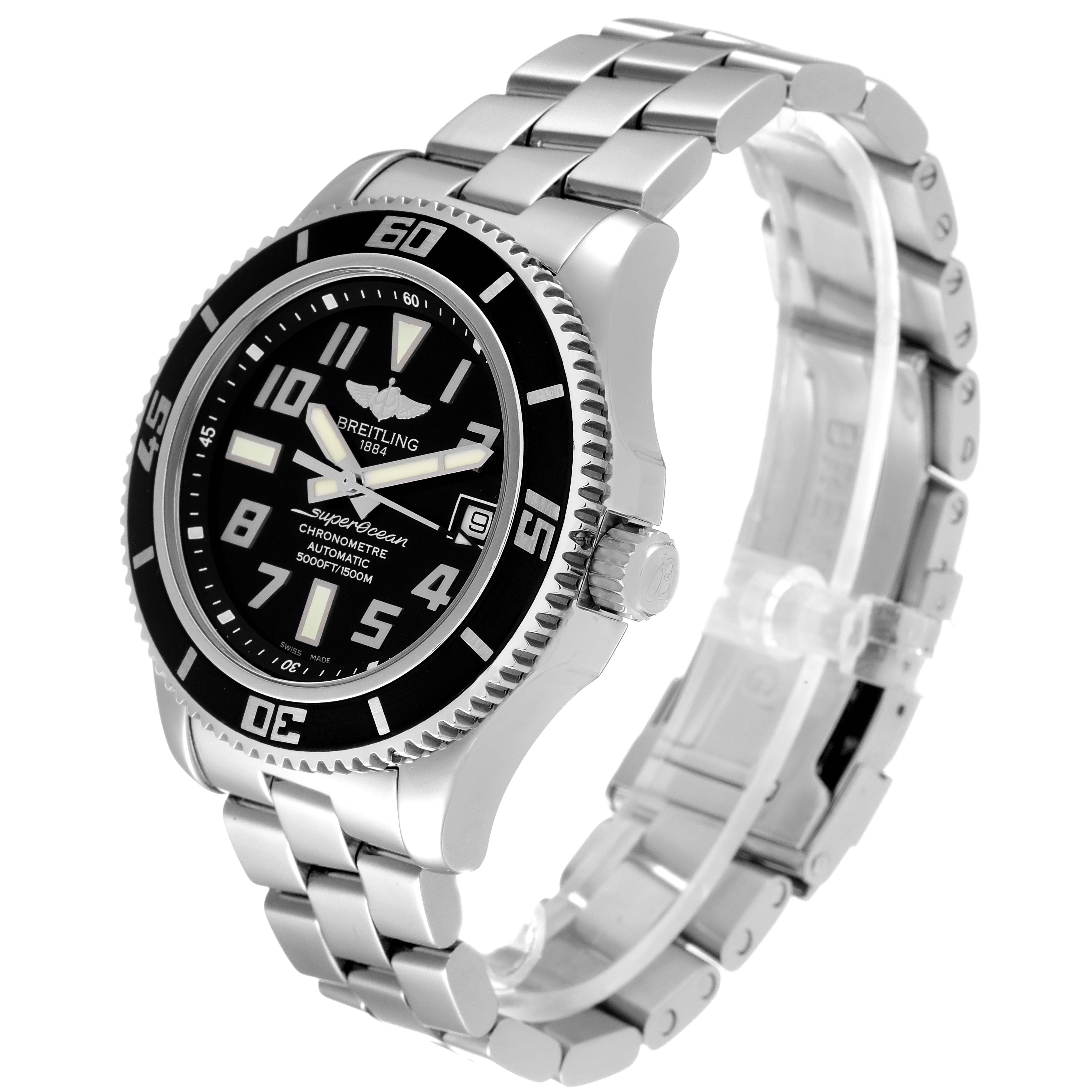 The Breitling Superocean A17364 Men's Stainless Steel Black Dial A17364 Men's Stainless Steel Black Dial watch is captured at a three-quarter angle, showing its face, bezel, crown, and part of the metal bracelet.