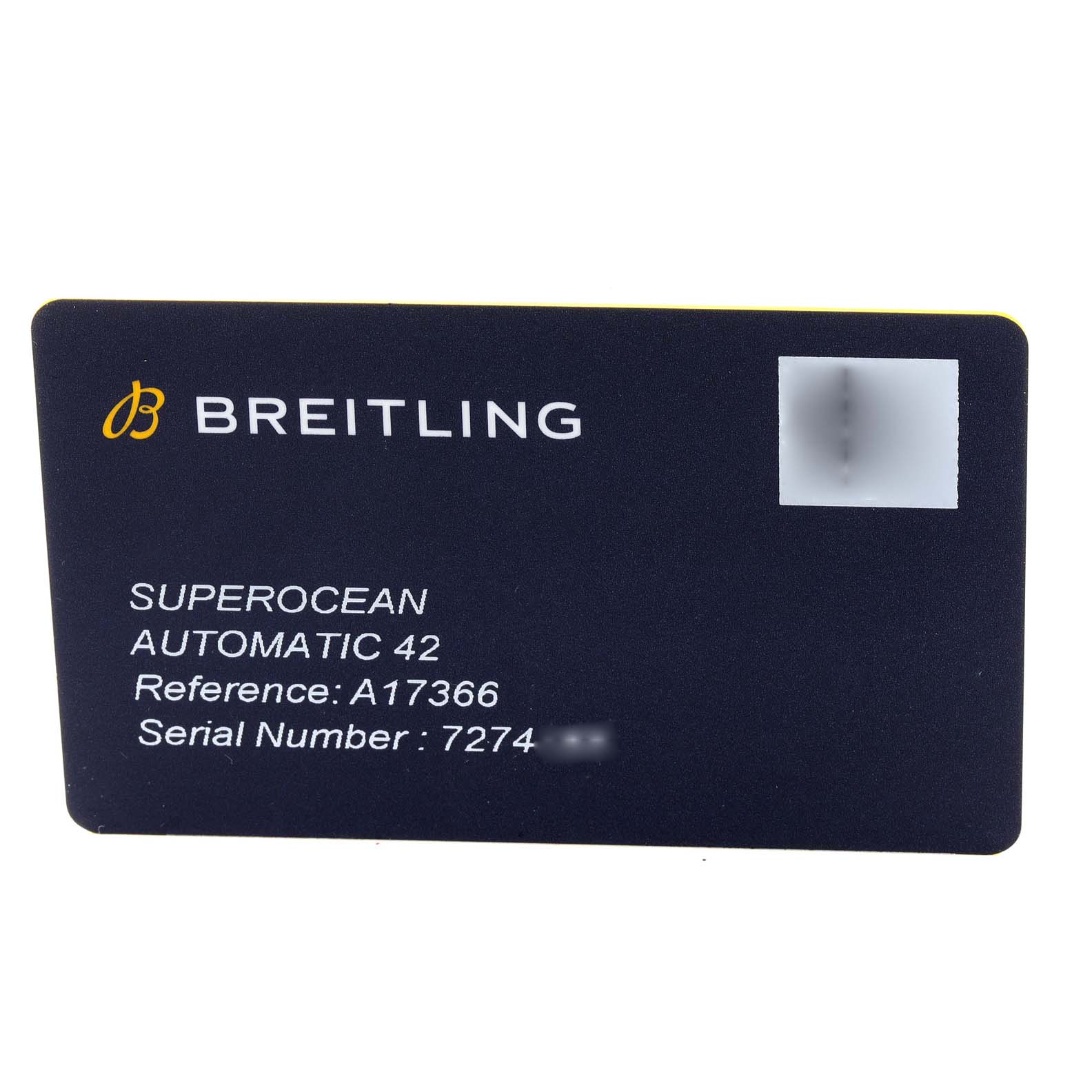 The image shows a Breitling Superocean A17366 Men's Stainless Steel Black Dial A17366 Men's Stainless Steel Black Dial Automatic 42 identification card displaying the model, reference number, and serial number.