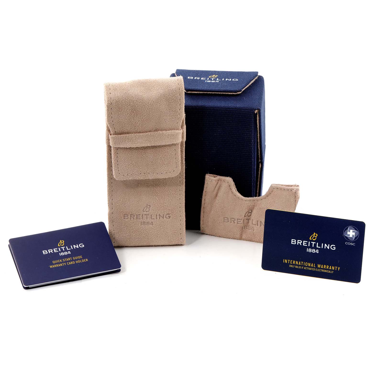 The image shows packaging and accessories for a Breitling Superocean A17366 Men's Stainless Steel Black Dial A17366 Men's Stainless Steel Black Dial watch, including a case, and warranty cards.