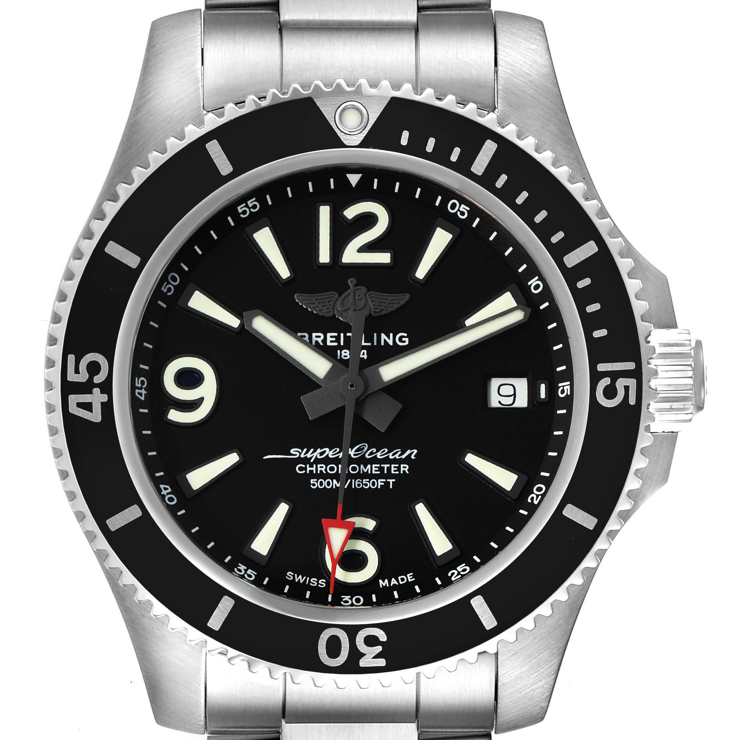 The image displays a front view of a Breitling Superocean A17366 Men's Stainless Steel Black Dial A17366 Men's Stainless Steel Black Dial watch featuring its bezel, dial, hands, and part of the bracelet.