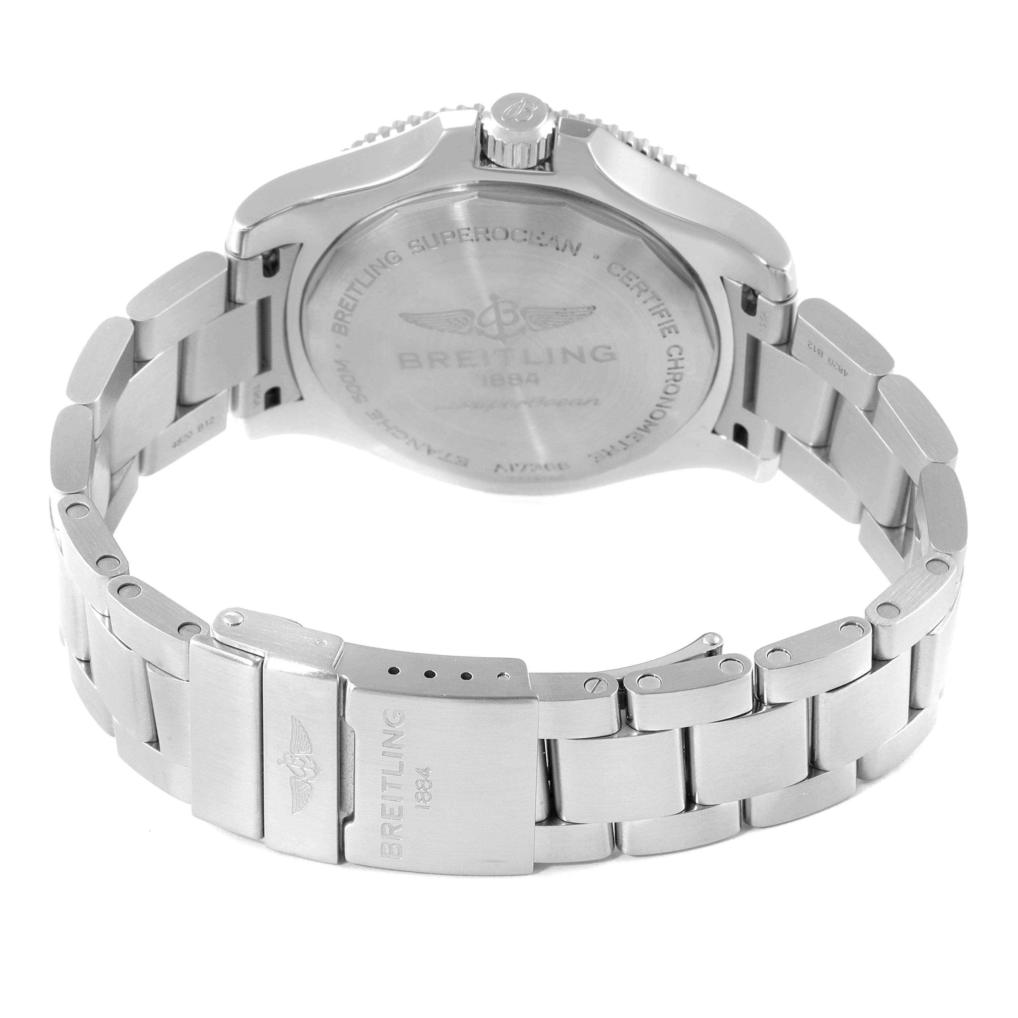 The image shows the back view of a Breitling Superocean A17366 Men's Stainless Steel Black Dial A17366 Men's Stainless Steel Black Dial watch, highlighting the case back, crown, and metal bracelet.