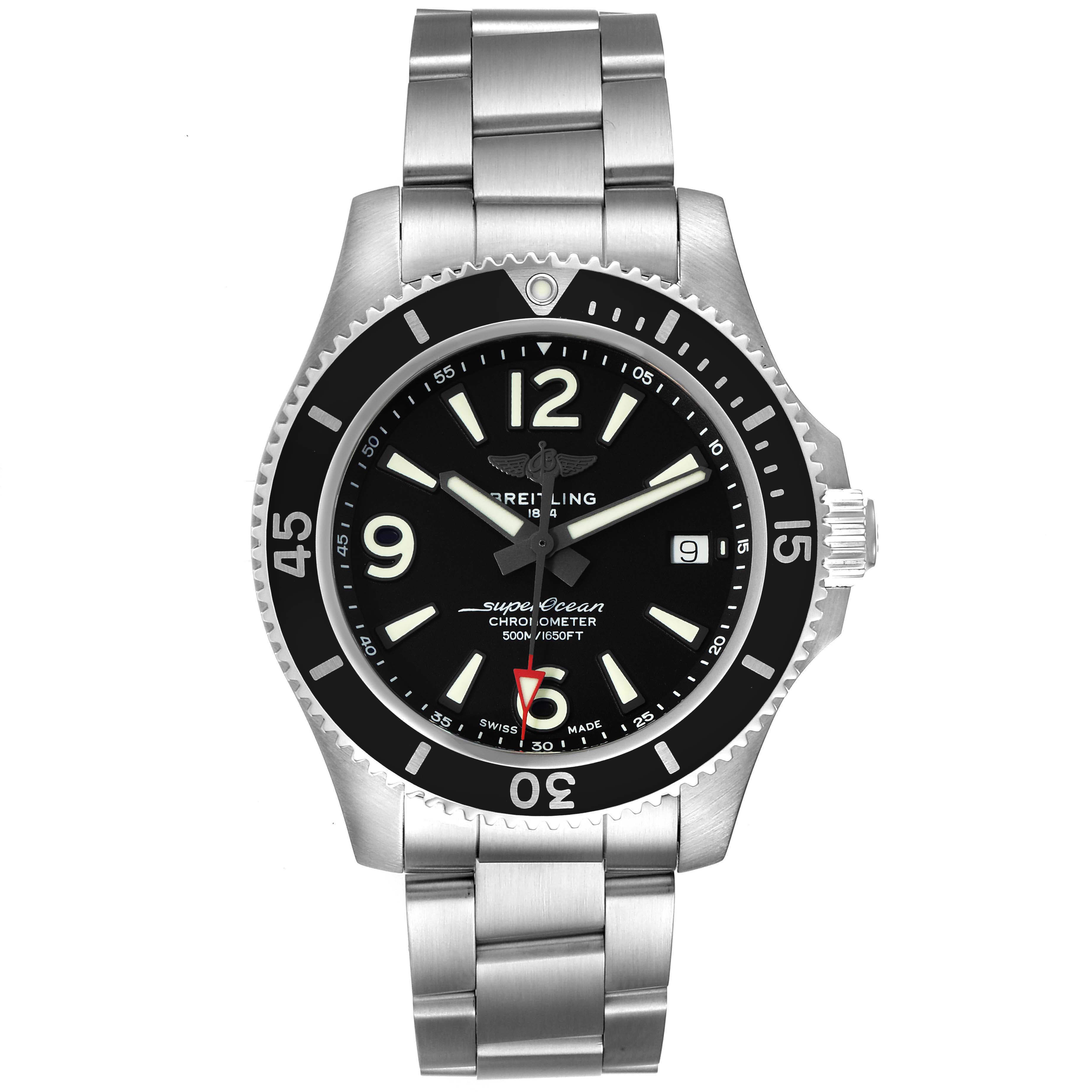The image shows a Breitling Superocean A17366 Men's Stainless Steel Black Dial A17366 Men's Stainless Steel Black Dial model watch with a stainless steel bracelet, photographed from the front.