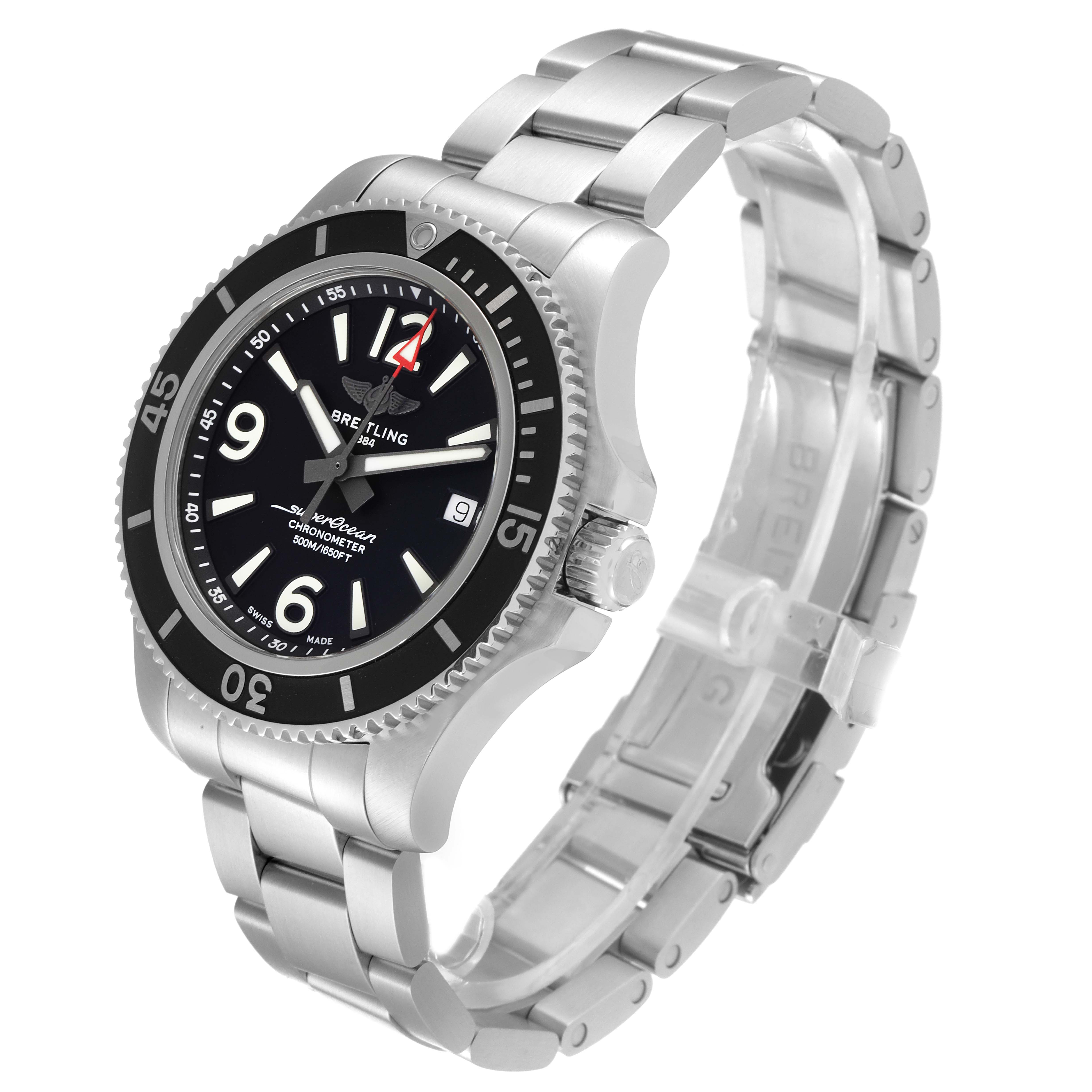 The image shows a Breitling Superocean A17366 Men's Stainless Steel Black Dial A17366 Men's Stainless Steel Black Dial watch from a three-quarter angle, displaying the face, bezel, crown, and bracelet.