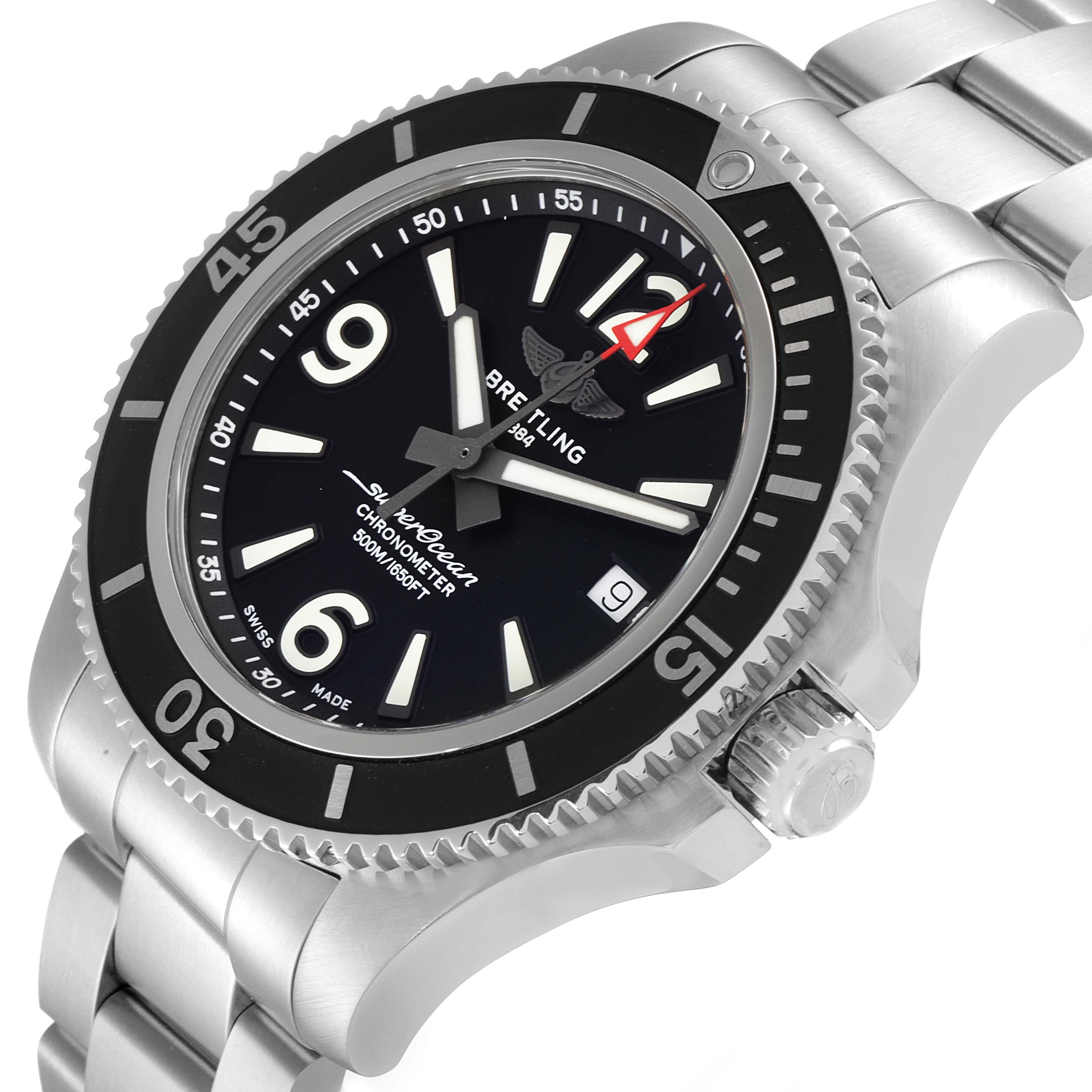 The image shows a close-up, angled view of the Breitling Superocean A17366 Men's Stainless Steel Black Dial A17366 Men's Stainless Steel Black Dial watch, highlighting its face, bezel, crown, and bracelet.