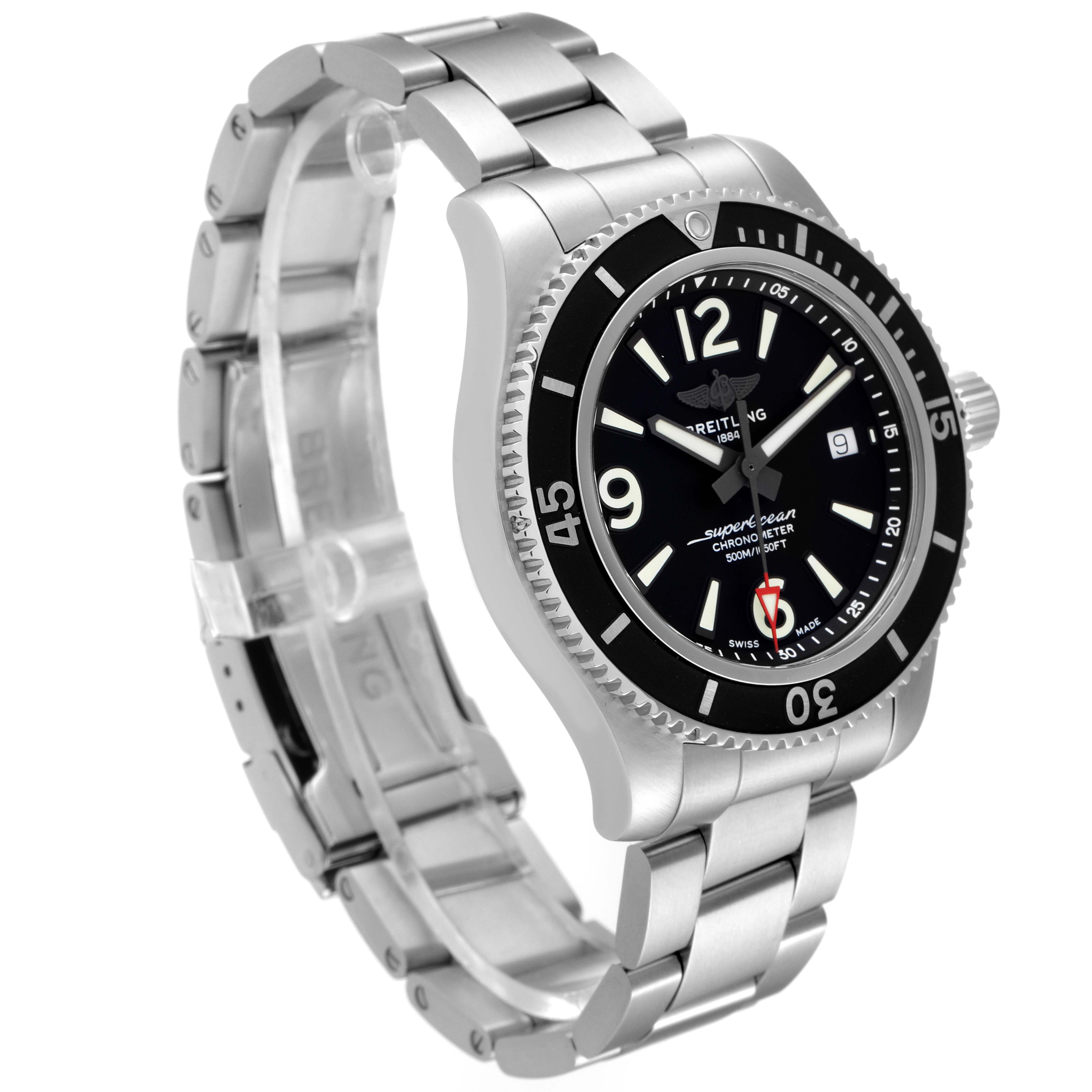 The Breitling Superocean A17366 Men's Stainless Steel Black Dial A17366 Men's Stainless Steel Black Dial watch is shown at a three-quarter angle, highlighting its face, bezel, and metal bracelet.