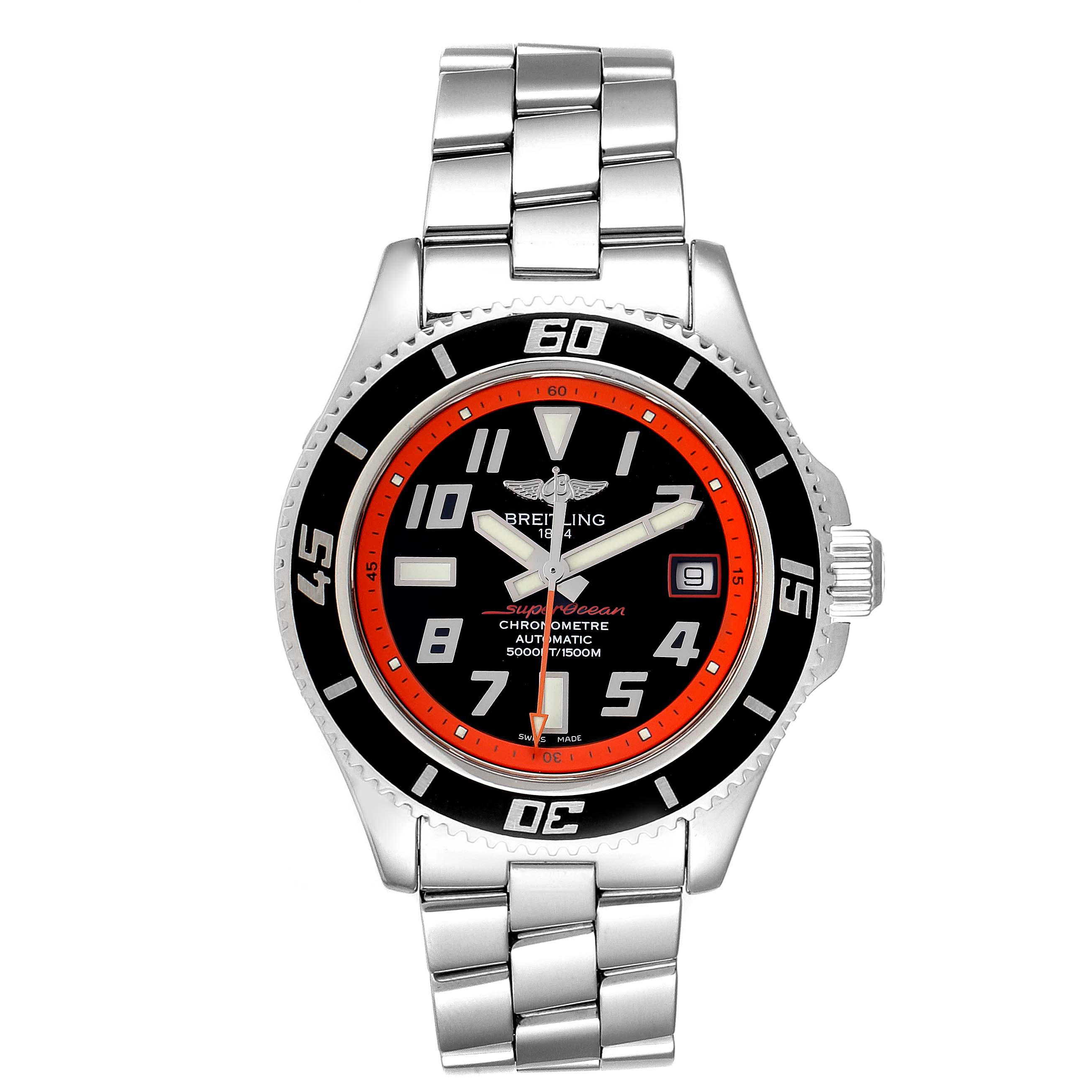 The image shows a top-down view of the Breitling Superocean A17364 Men's Stainless Steel Black Dial A17364 Men's Stainless Steel Black Dial watch, highlighting its face, bezel, and metal bracelet.