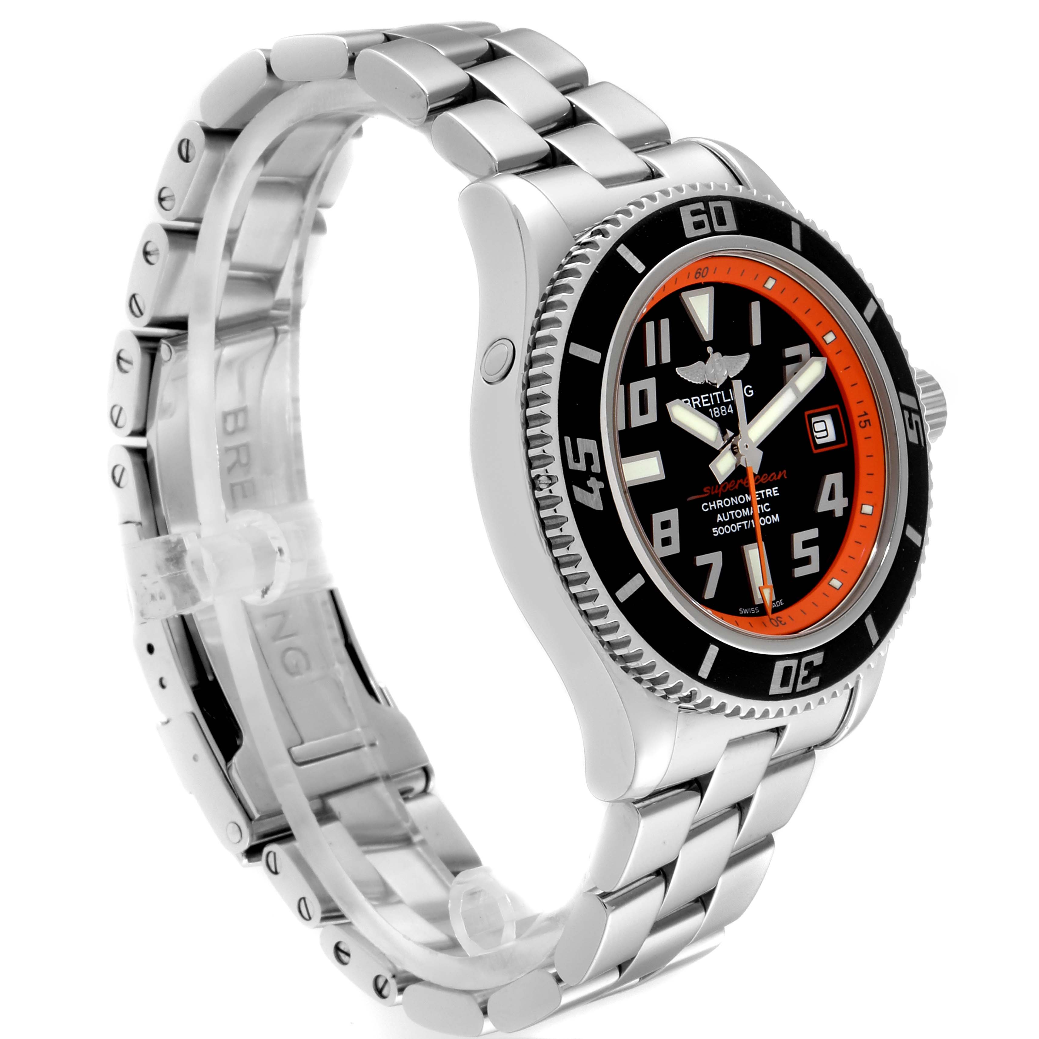 The image shows a side and angled view of the Breitling Superocean A17364 Men's Stainless Steel Black Dial A17364 Men's Stainless Steel Black Dial watch, displaying its face, bezel, casing, and metal bracelet.