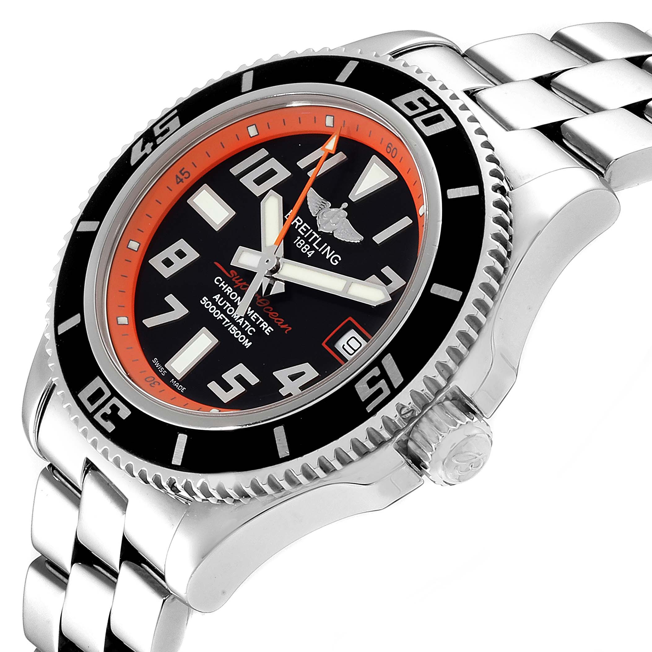 The Breitling Superocean A17364 Men's Stainless Steel Black Dial A17364 Men's Stainless Steel Black Dial watch is shown at an angled view, highlighting its black and orange bezel, dial, and metal bracelet.