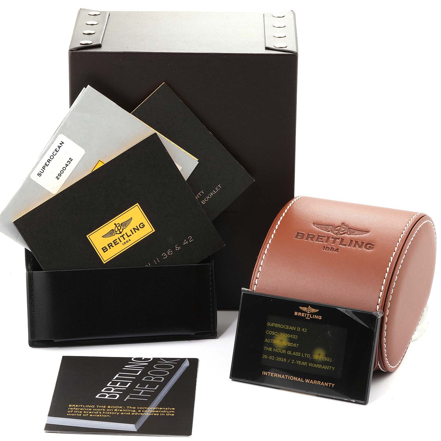 The image shows a Breitling Superocean A17365 Men's Stainless Steel Black Dial A17365 Men's Stainless Steel Black Dial watch box, leather case, warranty card, and instruction booklet.