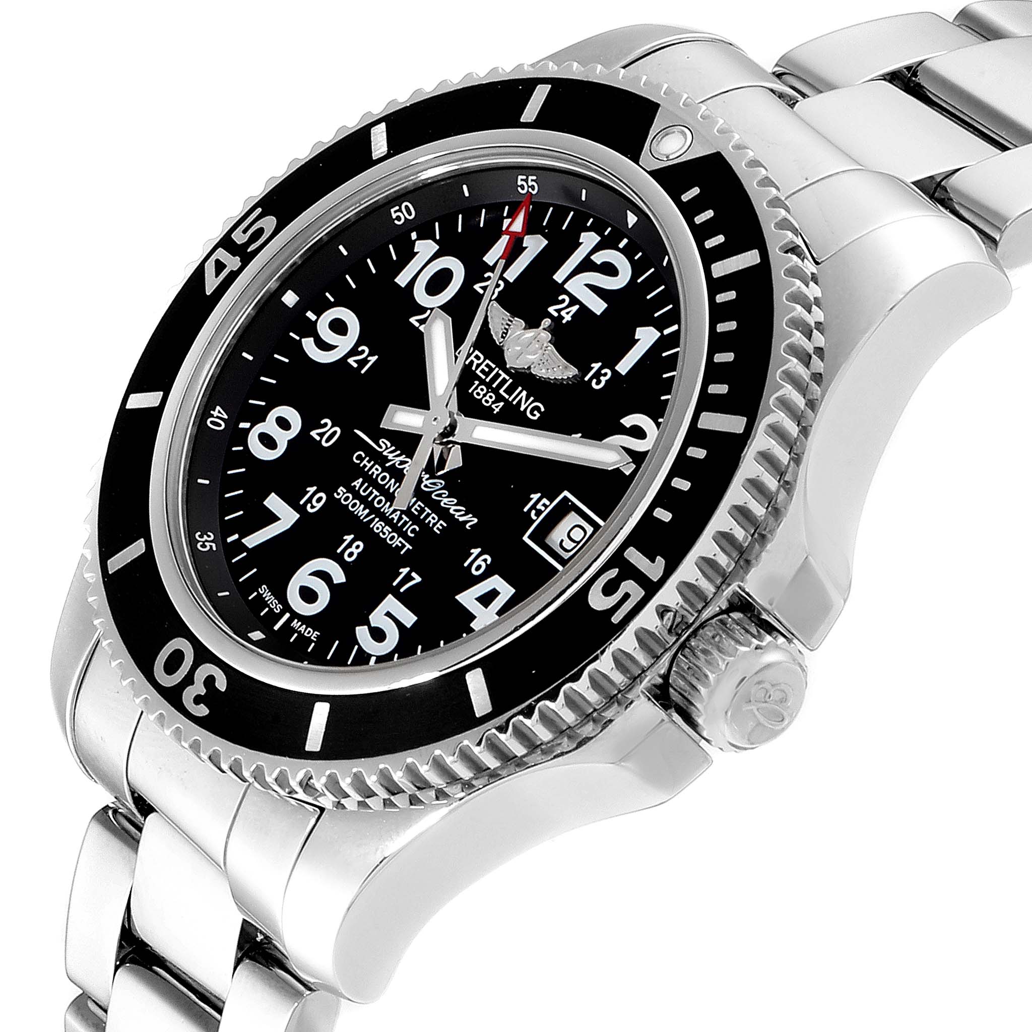 This image showcases a Breitling Superocean A17365 Men's Stainless Steel Black Dial A17365 Men's Stainless Steel Black Dial watch from an angled side perspective, highlighting its face and stainless steel bracelet.