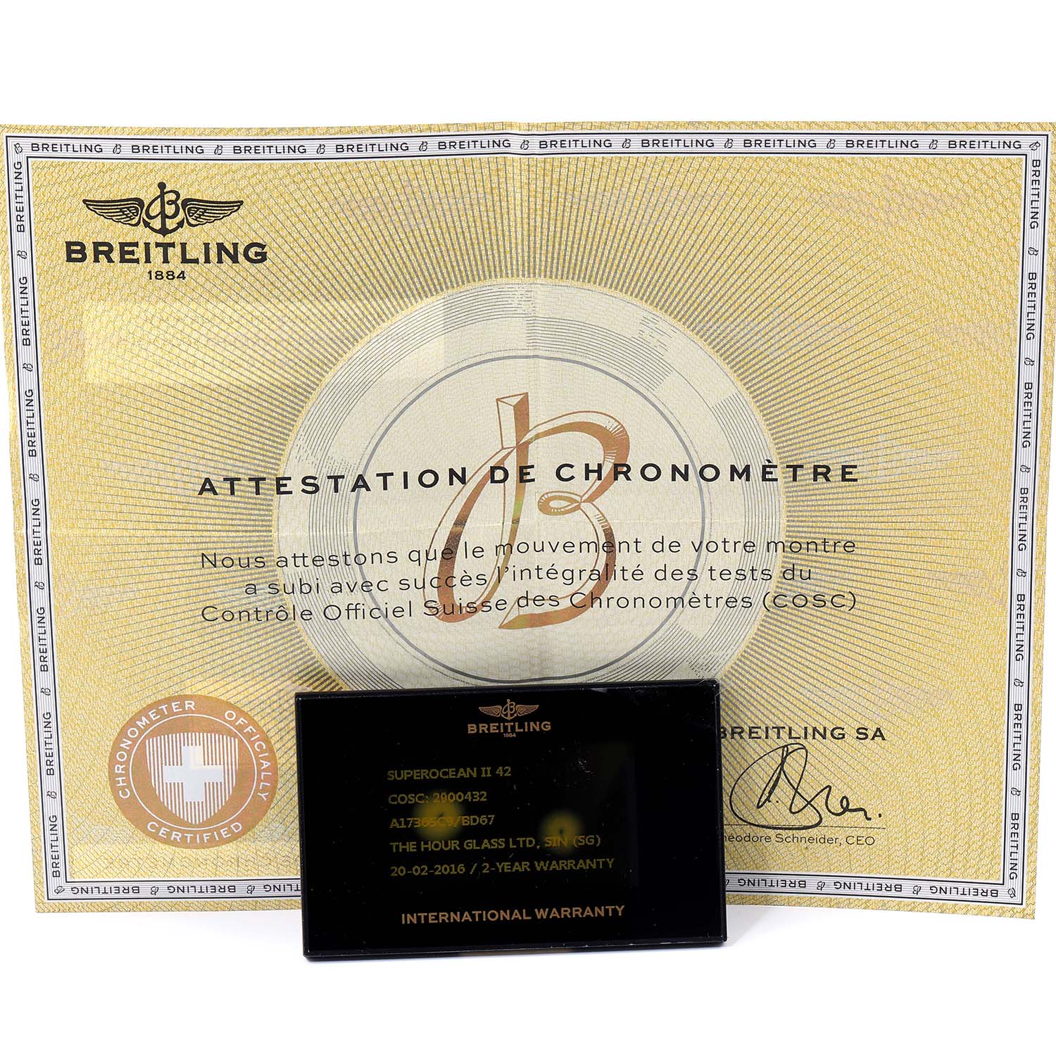 The image shows the certification and warranty card for a Breitling Superocean A17365 Men's Stainless Steel Black Dial A17365 Men's Stainless Steel Black Dial model.